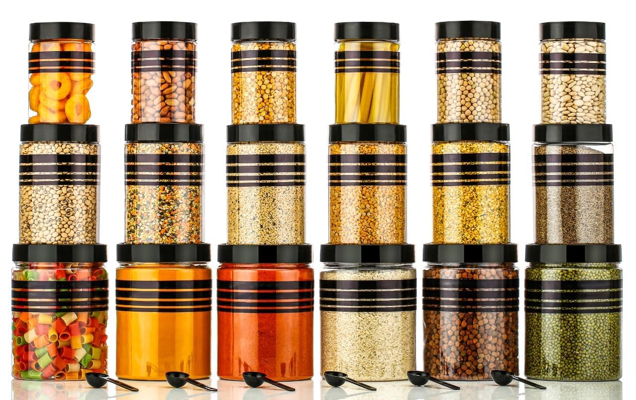 Aquaware Plastic Pet Storage Jar And Container, Set Of 18 With Spoons Air Tight | Kitchen Organiser Improved Model Black Line Pr