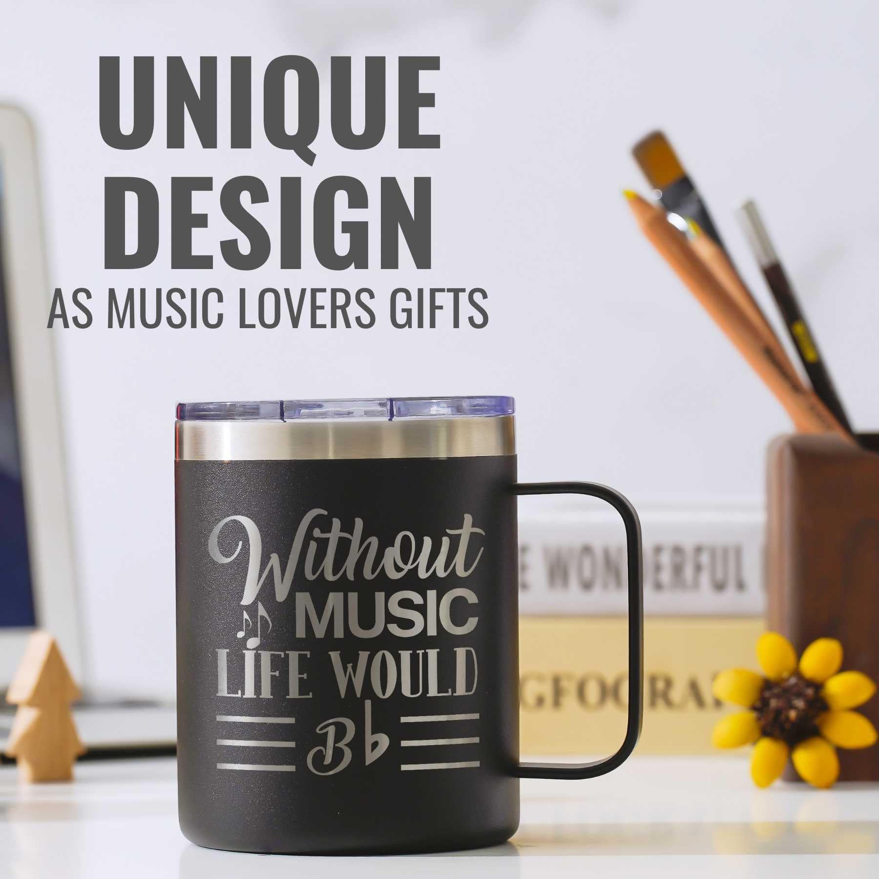 Onebttl Music Lover Gifts For Men, Male, Him - Without Music Life Would B Flat - 12 Oz /350 Ml Insulated Mugs With Lid - Musicia