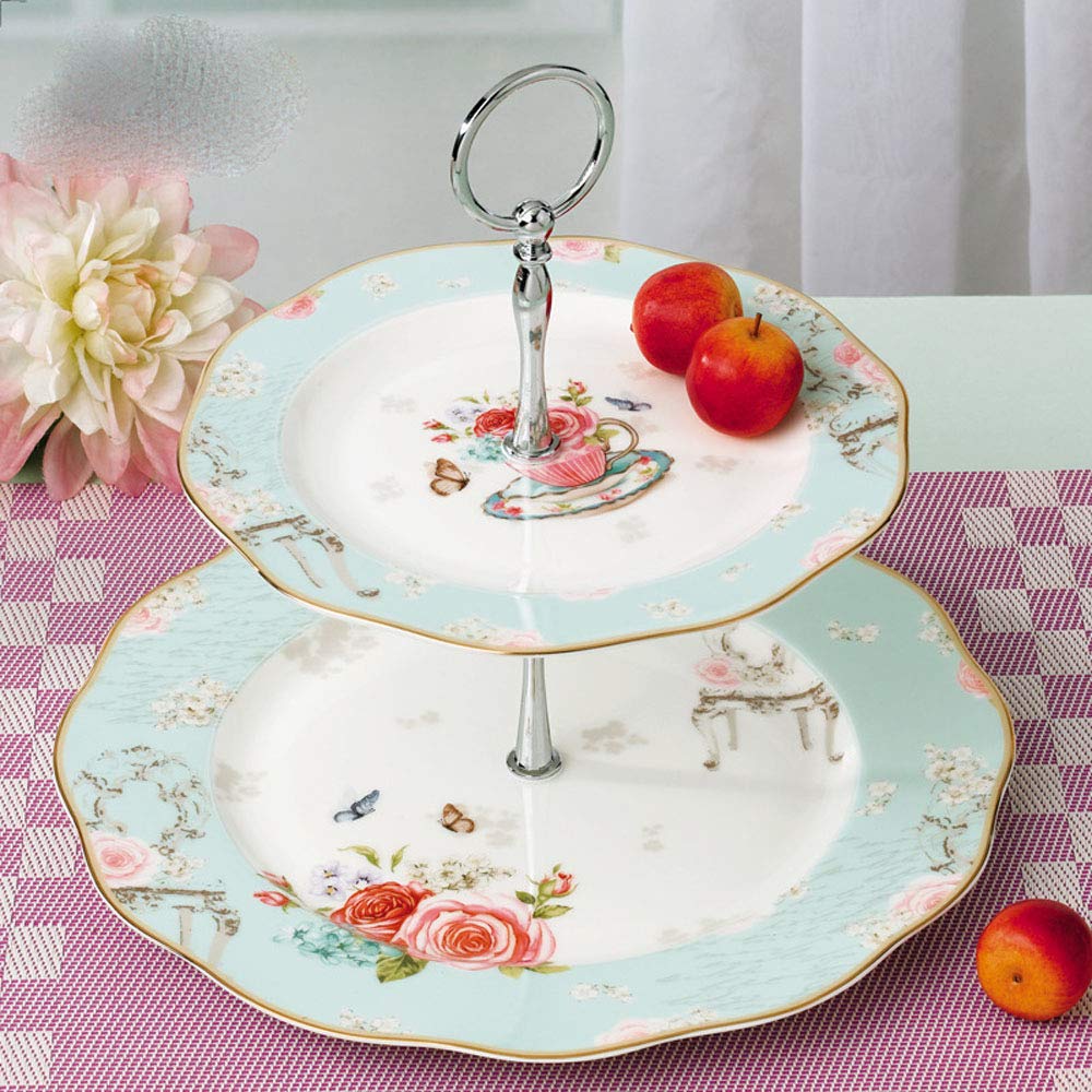 Linlins Elegant Bone China Rose Pattern 2-Tier Cake Stand/ Cupcake Stand/ Pastry Serving Cake Stand In Gift Box (Rose B)