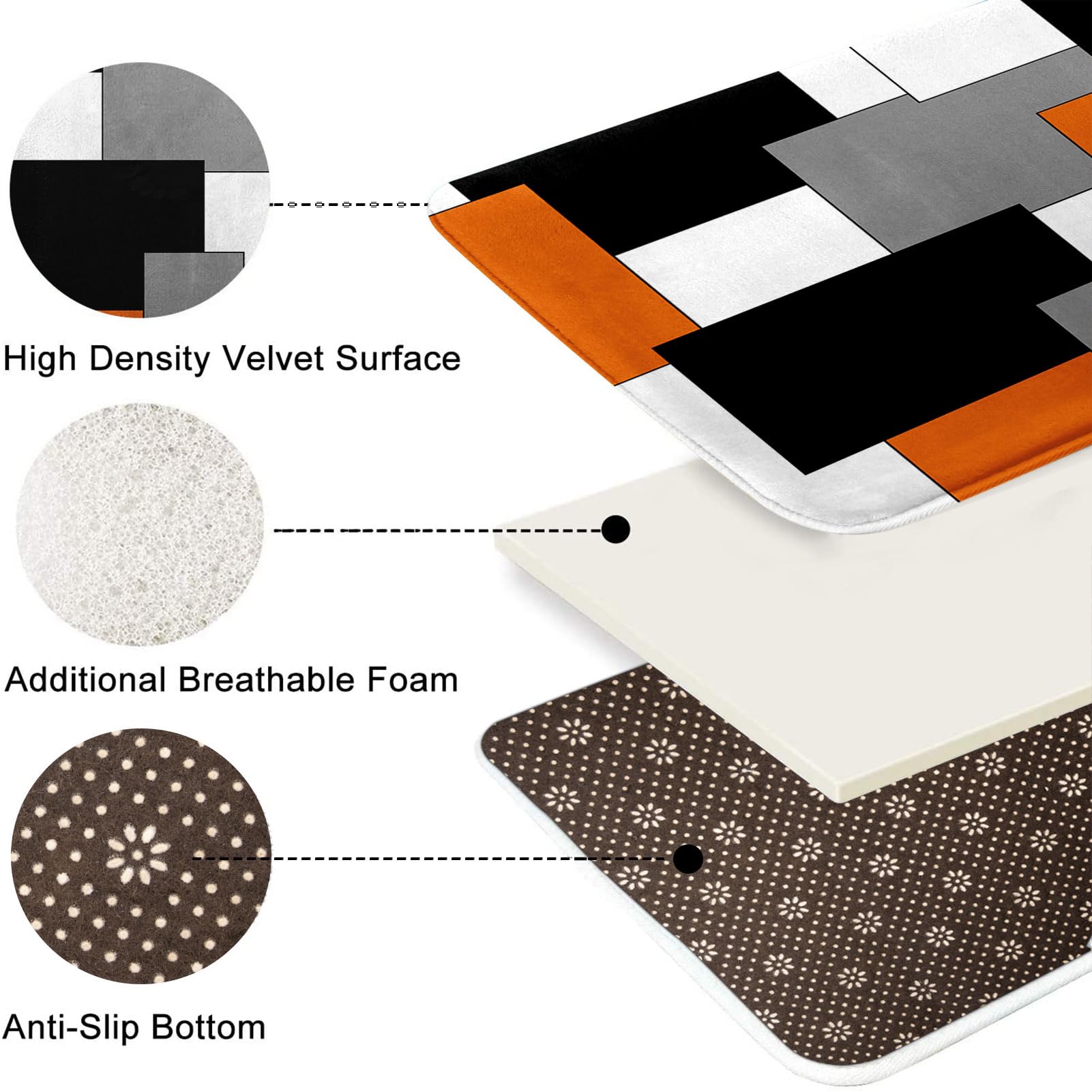 Tayney Orange Geometric Shower Curtain Set With Toilet Lid Cover And Non-Slip Rugs For Bathroom, Black White Grey Checkered 4 Pc