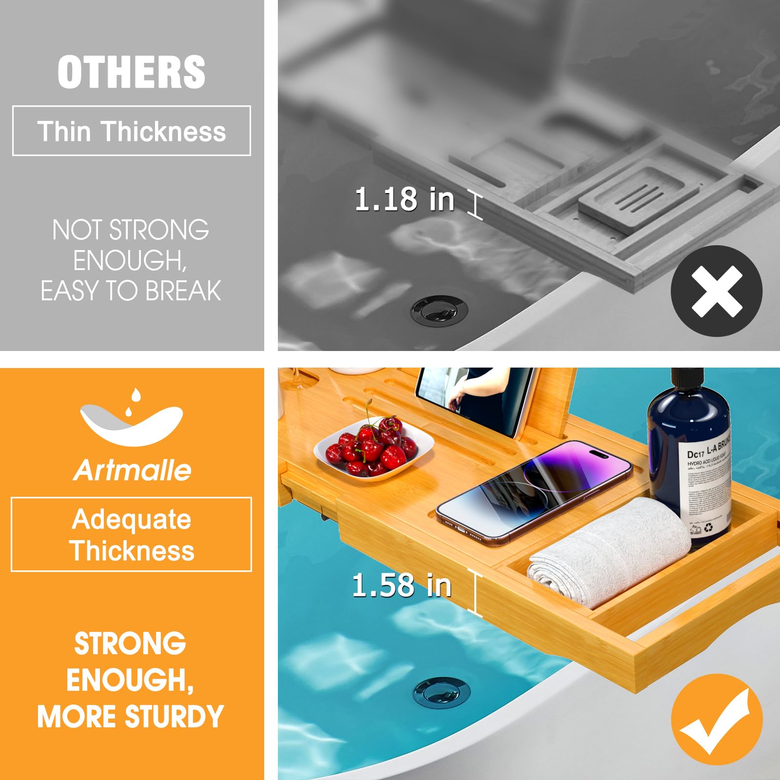 Artmalle Foldable Bathtub Tray For Tub, Bamboo Bathtub Caddy Tray Table With Book Stand For Luxury Bath, Bathroom Accessories Fo