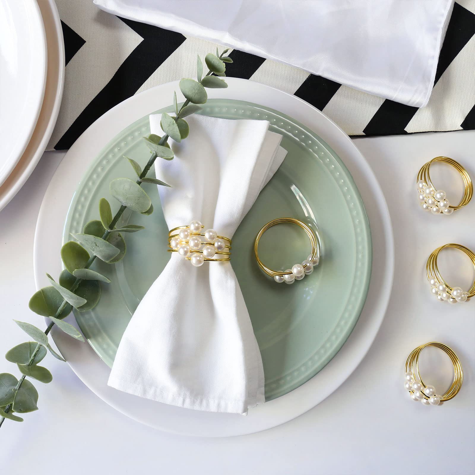 Thanksgiving Napkin Rings Set Of 12, Pearl Napkin Ring Holder For Tables, Holiday, Wedding Reception (Gold Pearls)
