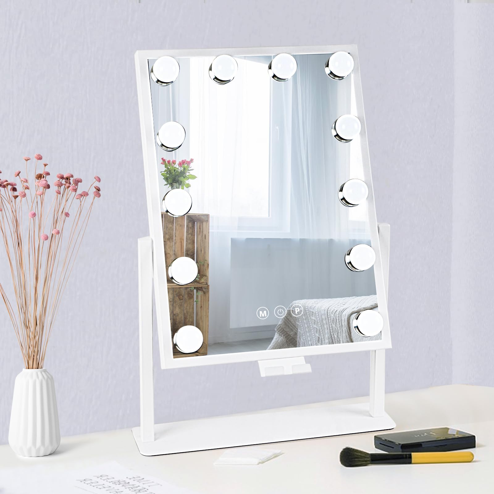 Bwllni Vanity Mirror With Lights, Hollywood Lighted Makeup Mirror With Phone Holder, Smart Touch Control, 3 Color Lighting Modes