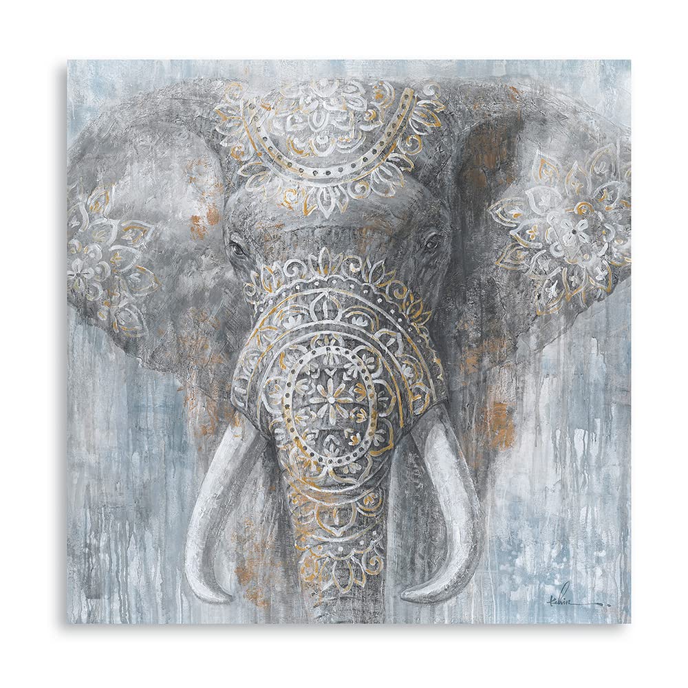 Yidepot Grey Blue Elephant Wall Decor - Wild Animals Canvas Elephants Print 24X24Inch For Bedroom Framed Ready To Hang