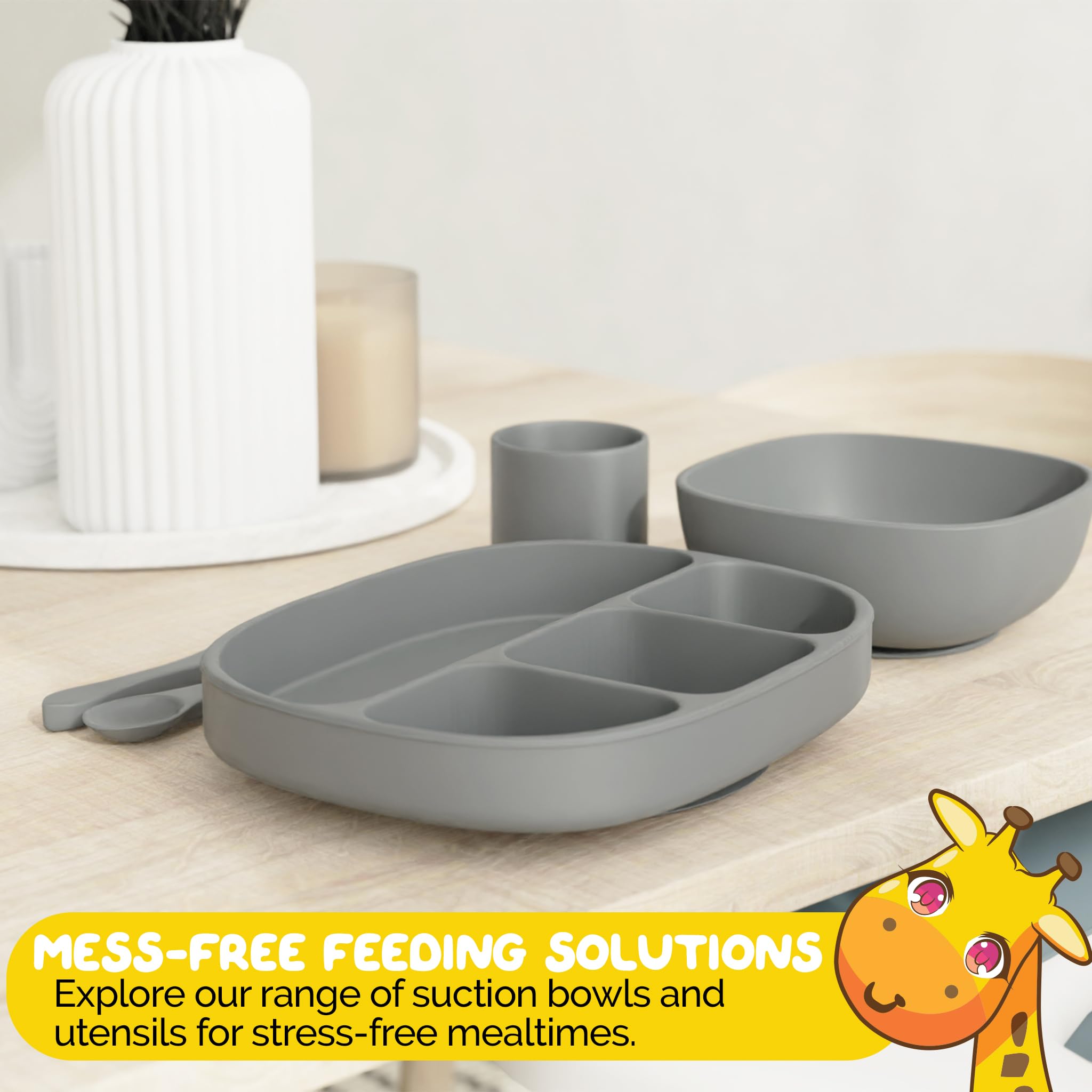 Muqee Peeko Baby Feeding Set, 6 Piece - Pebble Gray - Includes Suction Bowl, Plate, Silicone Bib, Spoon, Fork for Toddlers & Kid