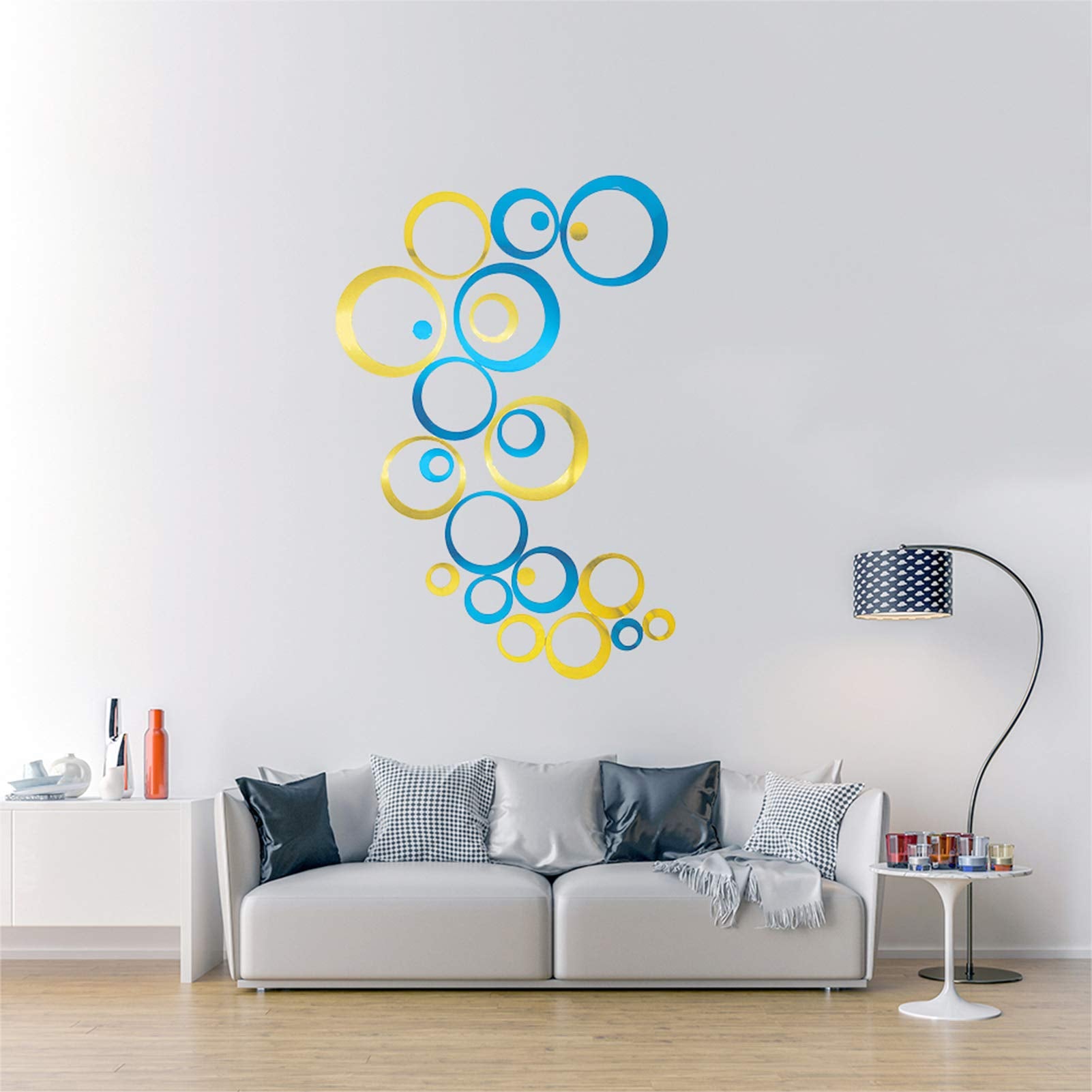 Aqrichfox 24Pcs Wall Decal Acrylic Modern Mirror Art Mural Wall Stickers For Living Room Bedroom Home Decor Blue+ Gold