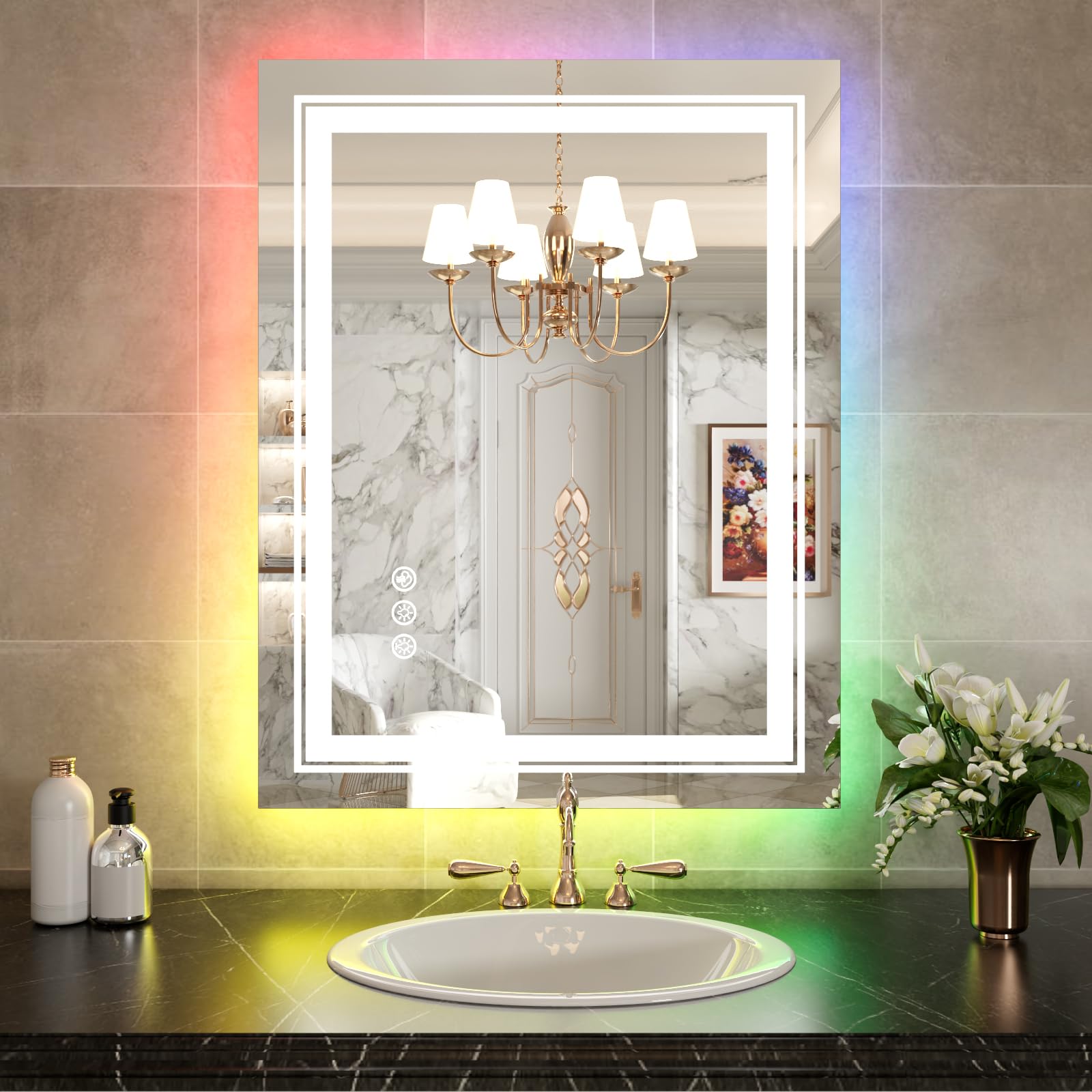 Wtty Rgb Led Bathroom Mirror 28''X36'' With Backlit And 3 Front Light,Stepless Dimmable Led Mirror For Bathroom,Lighted Bathroom