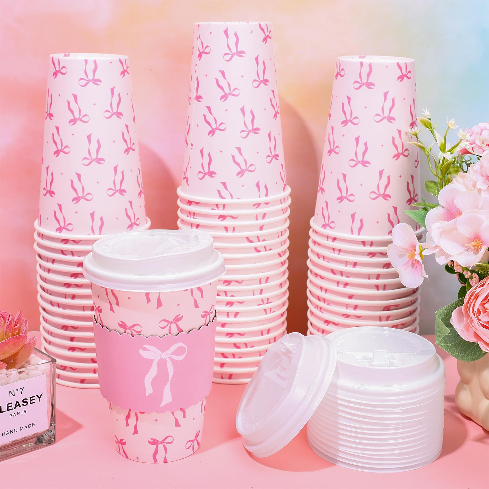 Whaline 50 Set Pink Bow Disposable Coffee Cups With Lids And Sleeves Valentine'S Day Coquette Bowknot Paper Drinking Cups For We