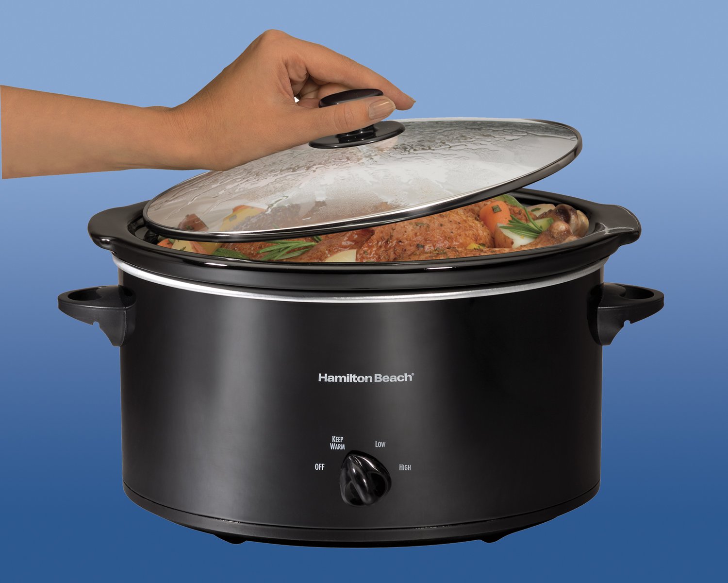 Hamilton Beach 5-Quart Portable Slow Cooker, Black, Model 33256, Dishwasher-Safe Stoneware, Lid Latch Strap for Easy Transport