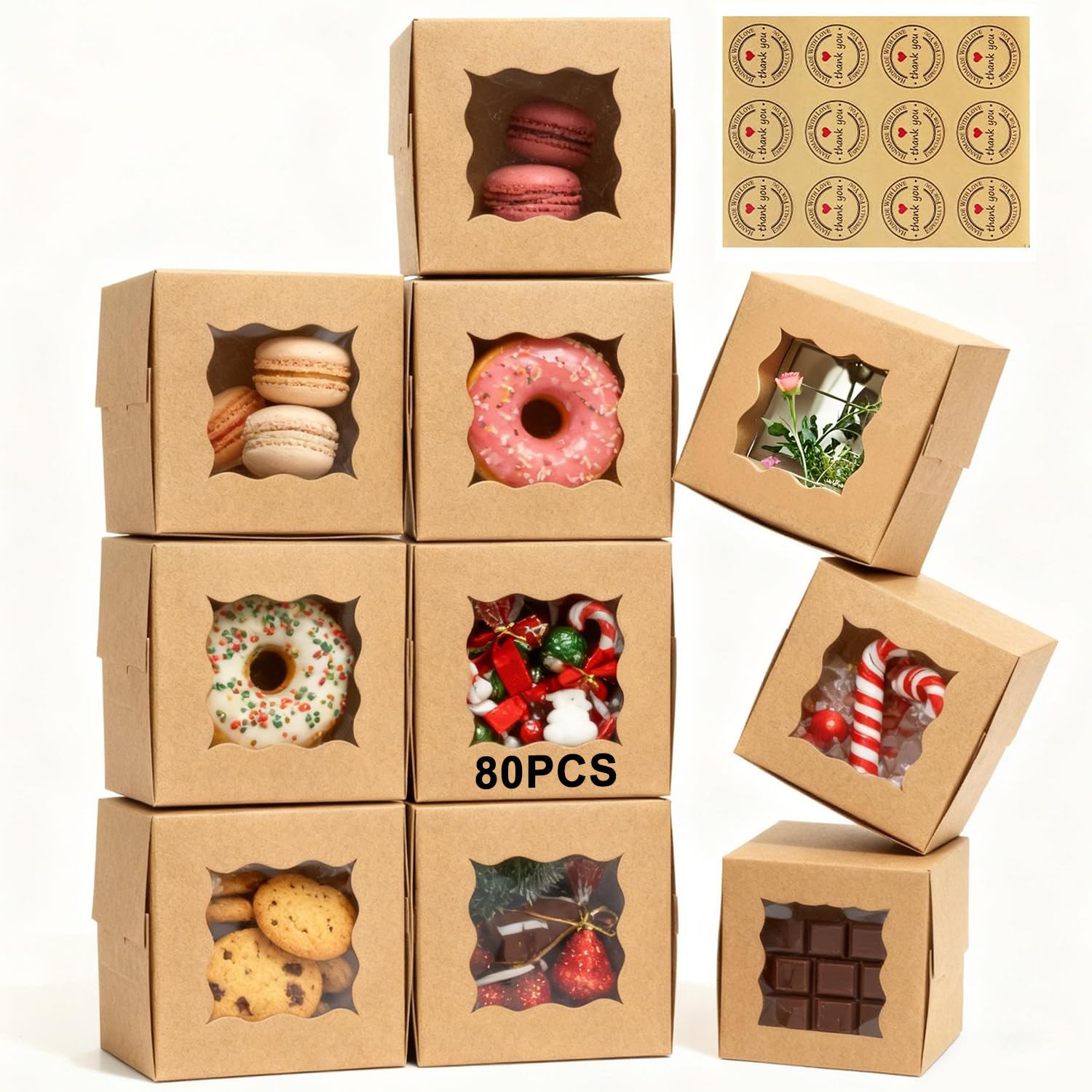 80 Pack Cookie Boxes with Window, 4x4x2.5 Inch Kraft Bakery Boxes for Treats, Desserts, Mini Cakes, Cookies, Pastries, Donuts, M