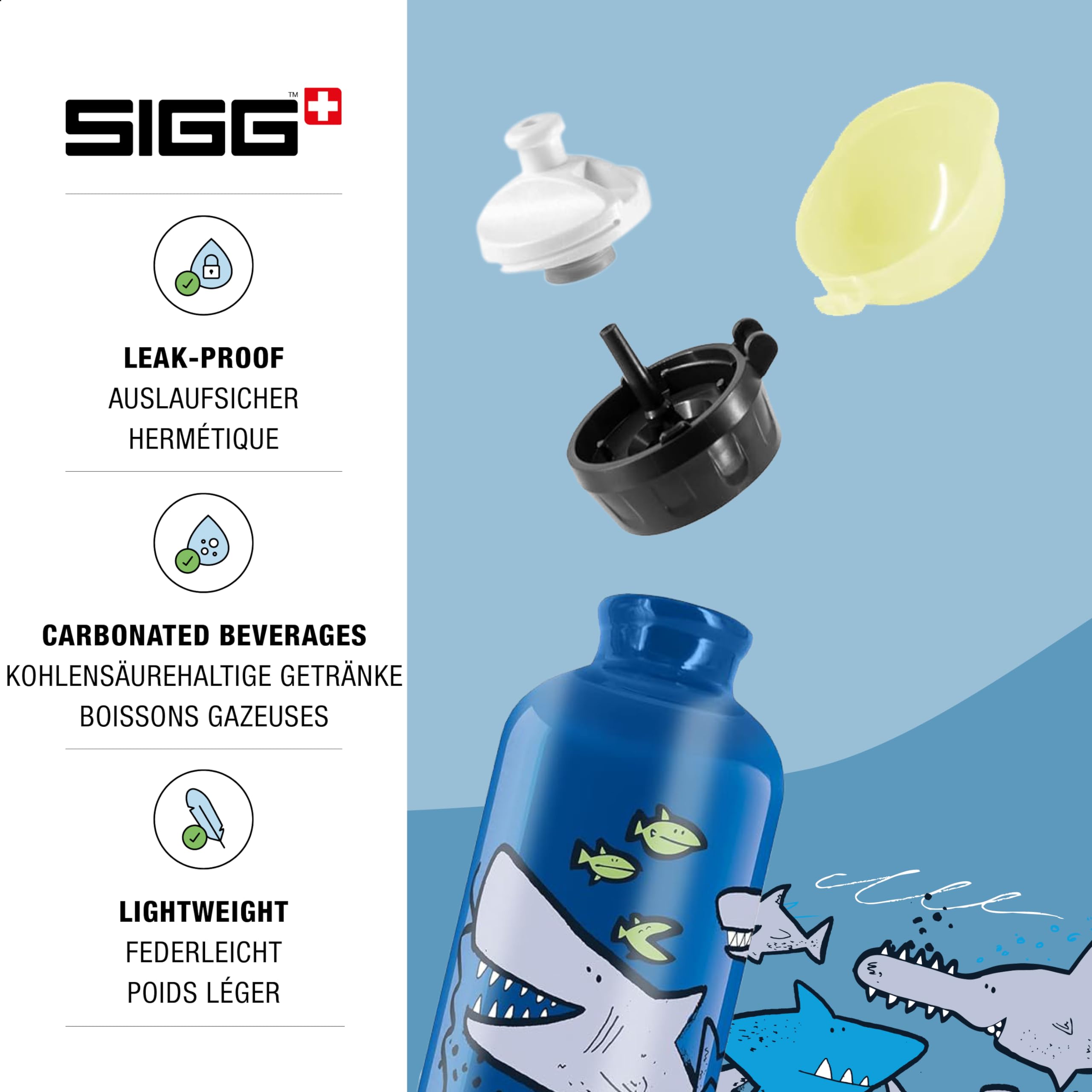 SIGG - Kids Water Bottle - Sharkies - Leakproof - Lightweight - BPA Free - Aluminum - 13 Oz