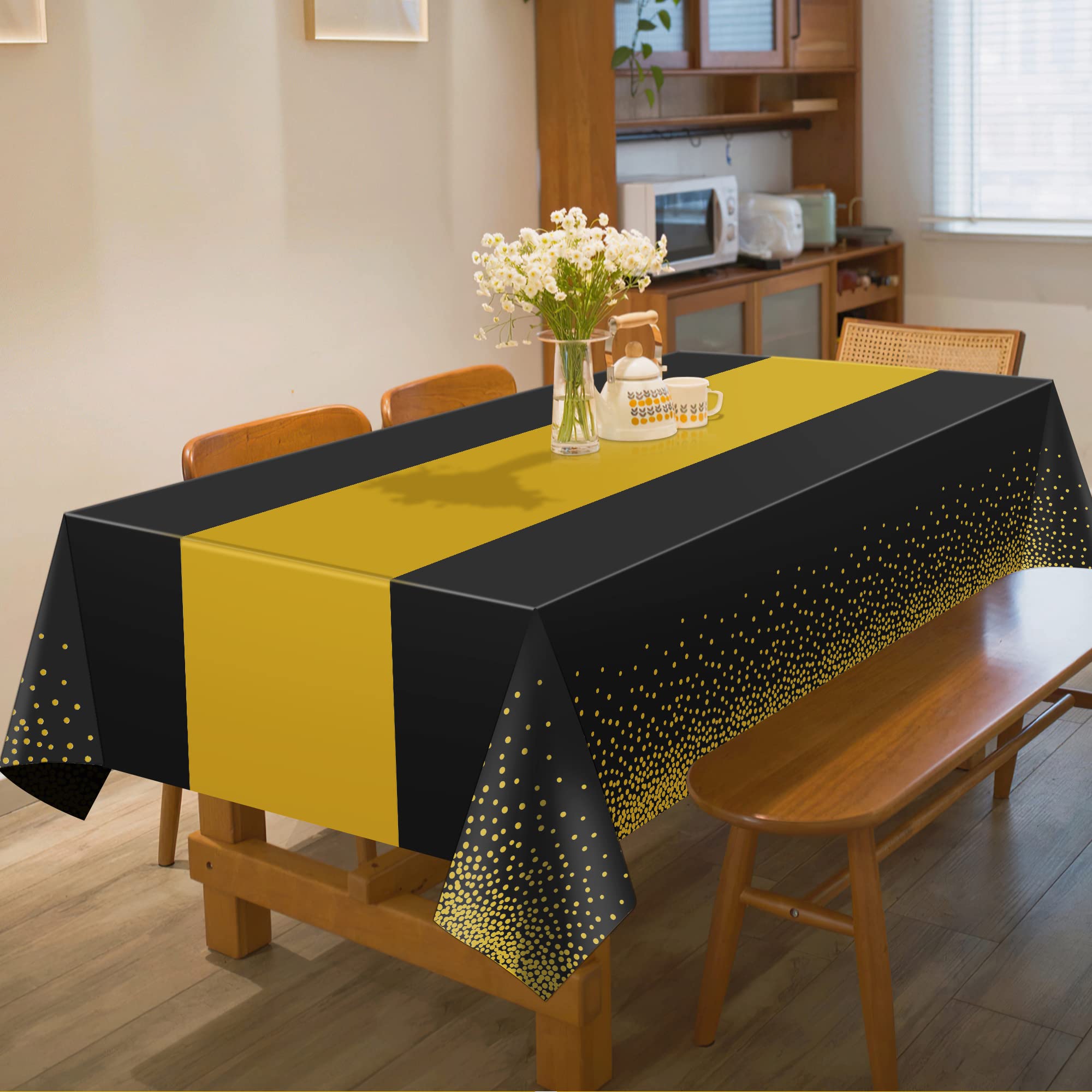 Ohome Halloween Decorations - 4 Pack Disposable Plastic Table Cloths For Parties,Black And Gold Table Covers For Halloween Party