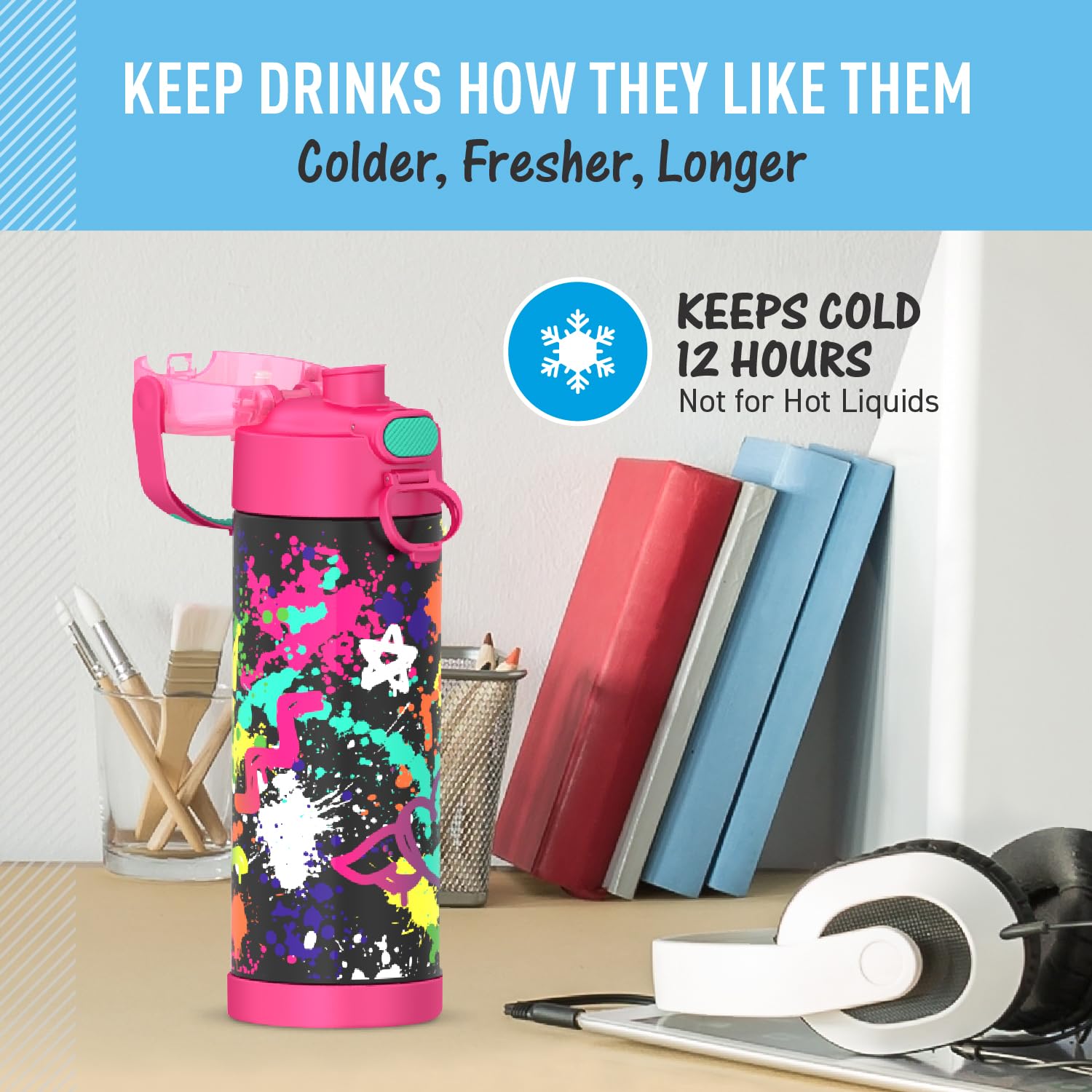 Thermos Funtainer 16 Ounce Stainless Steel Vacuum Insulated Bottle With Wide Spout Lid, Graffiti Girl