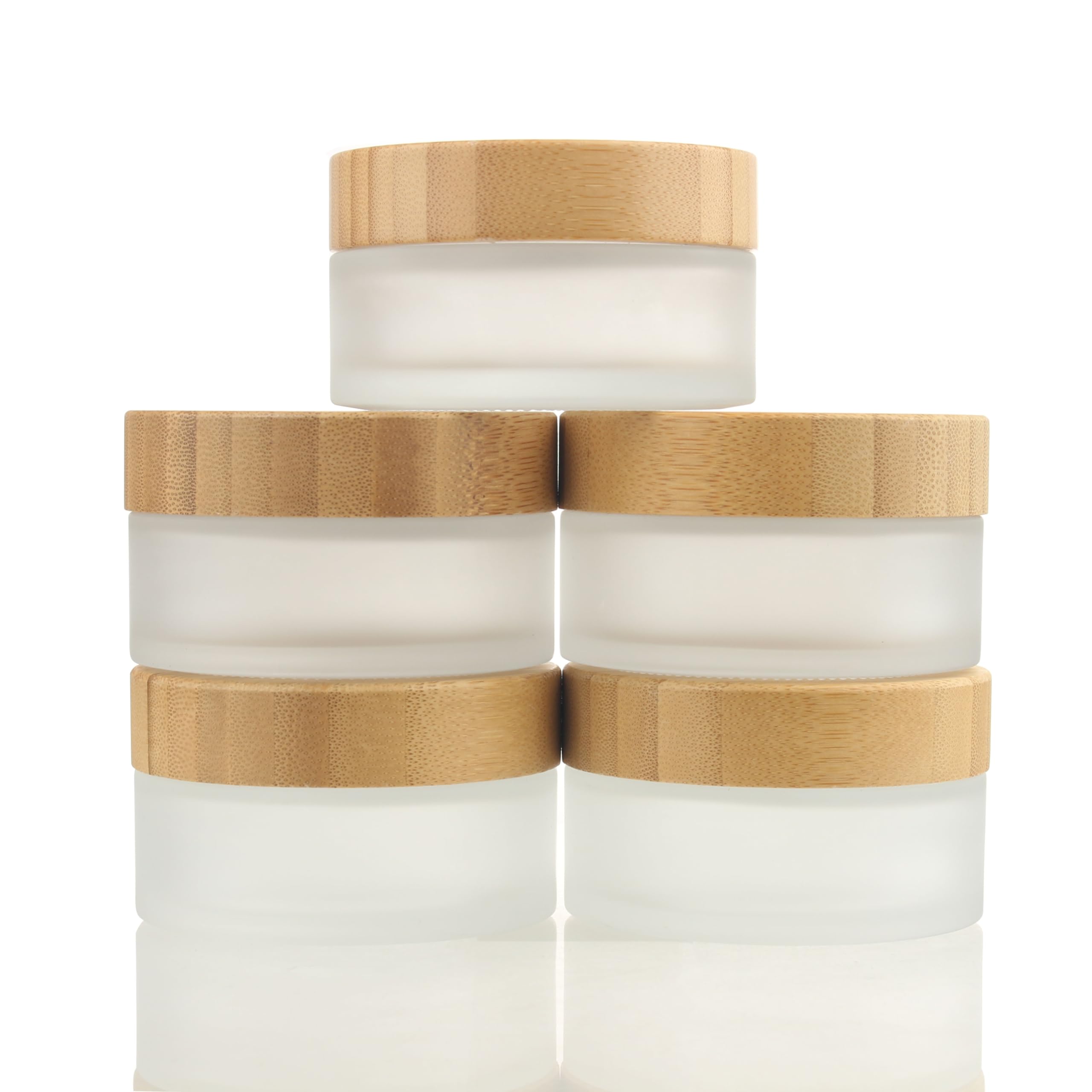 Cosidea 5Pcs Empty 3.33 Oz/100G Round Frosted Glass Jars With Bamboo Lids, Bamboo Cream Jar Refillable Cosmetic Travel Container