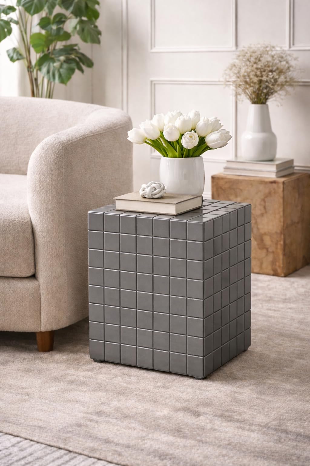 Brown Art Shoppee Engineer Wood Cube Accent Bedside Table Coffee Stand Home Storage Organizer For Living Room Bedroom (Grey)