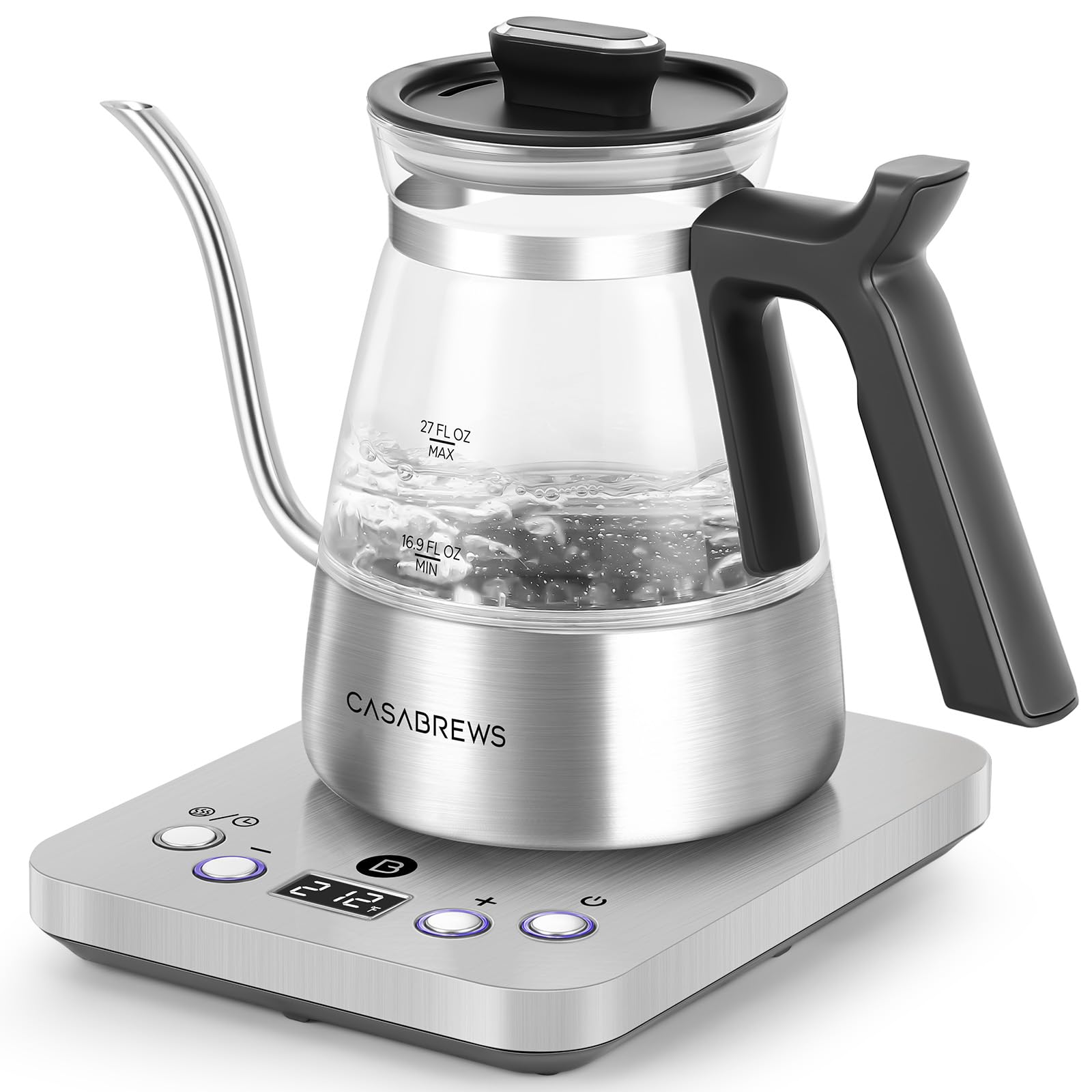 Casabrews Gooseneck Electric Kettle, Stainless Steel Glass Kettle With Temperature Control & Reservation Time Function, Pour Ove