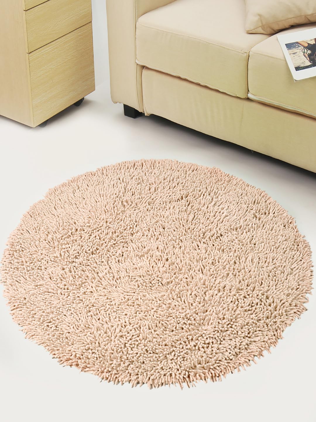 Saral Home Easy Living Home Cotton Shaggy Anti-Skid Round Bath Mat(Beige,90X90 Cm)