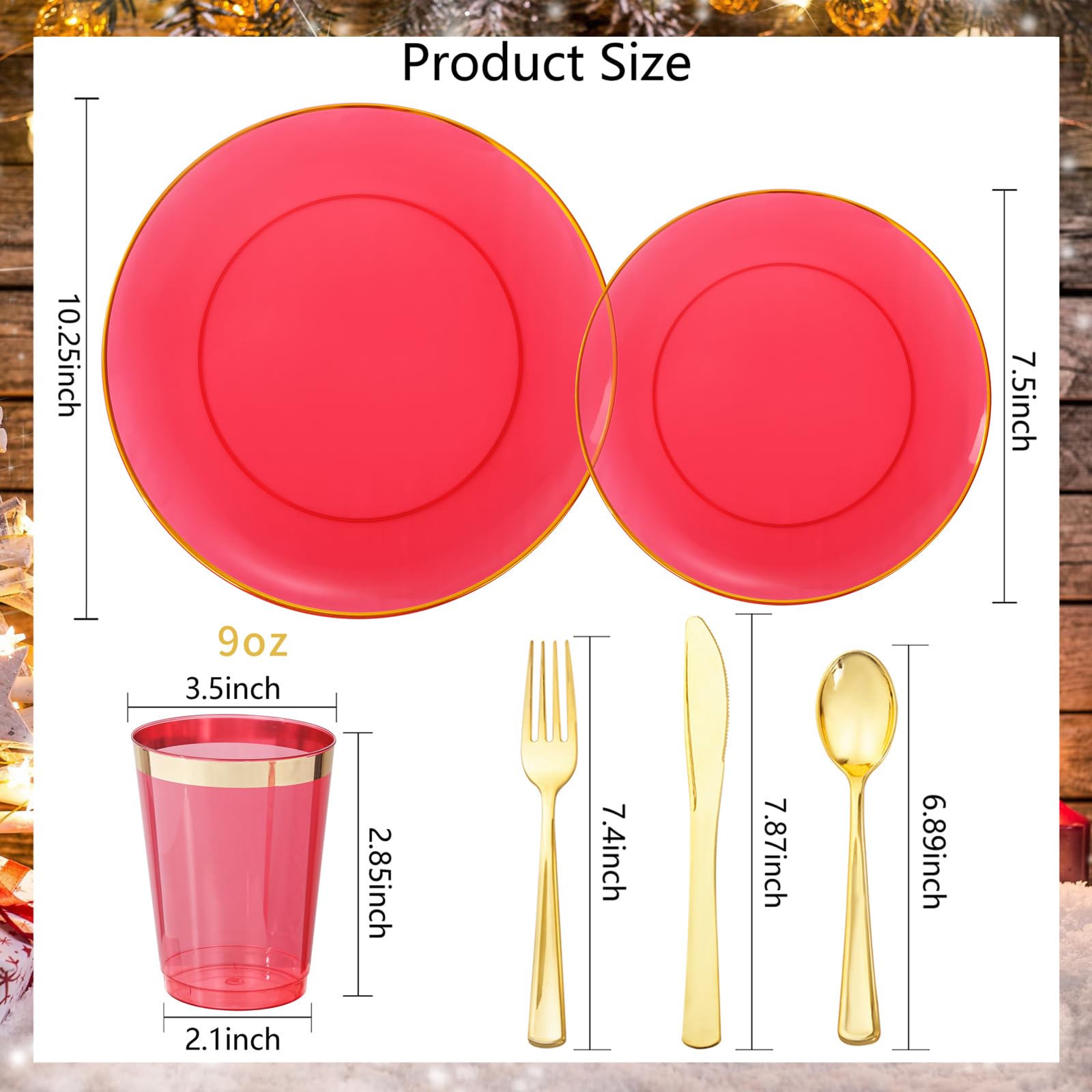 Liyh 180Pcs Clear Red Plastic Plates Disposable - Plastic Red Dinnerware Set With God Edge Plates Include - Gold Plastic Silverw