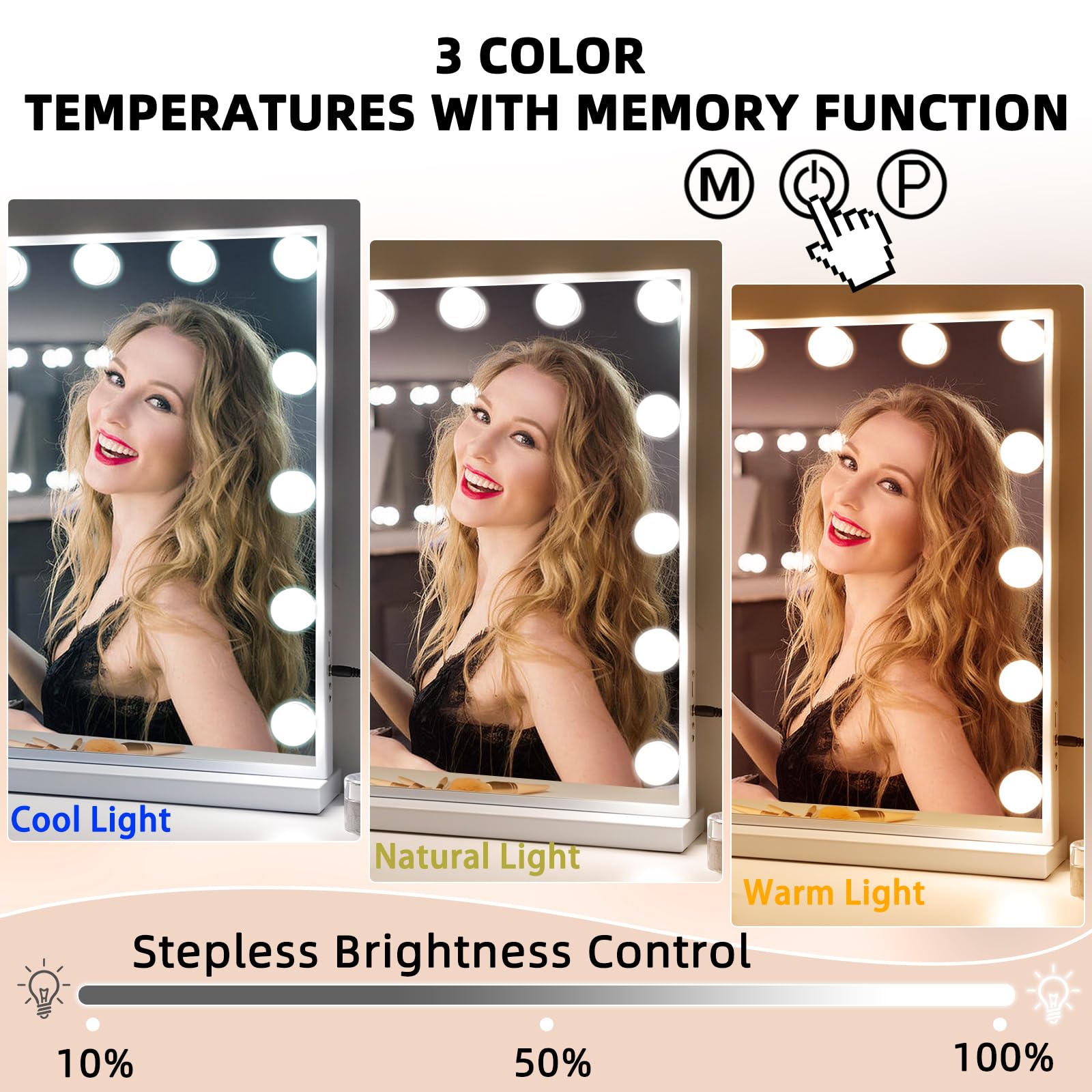 Fenair Vanity Mirror with Lights 22.8''x 18.1'' Makeup Mirror with Lights and 15 Dimmable Bulbs 3 Colors Modes Hollywood Mirror with USB Charging Port and 10X Detachable Magnification Mirror White