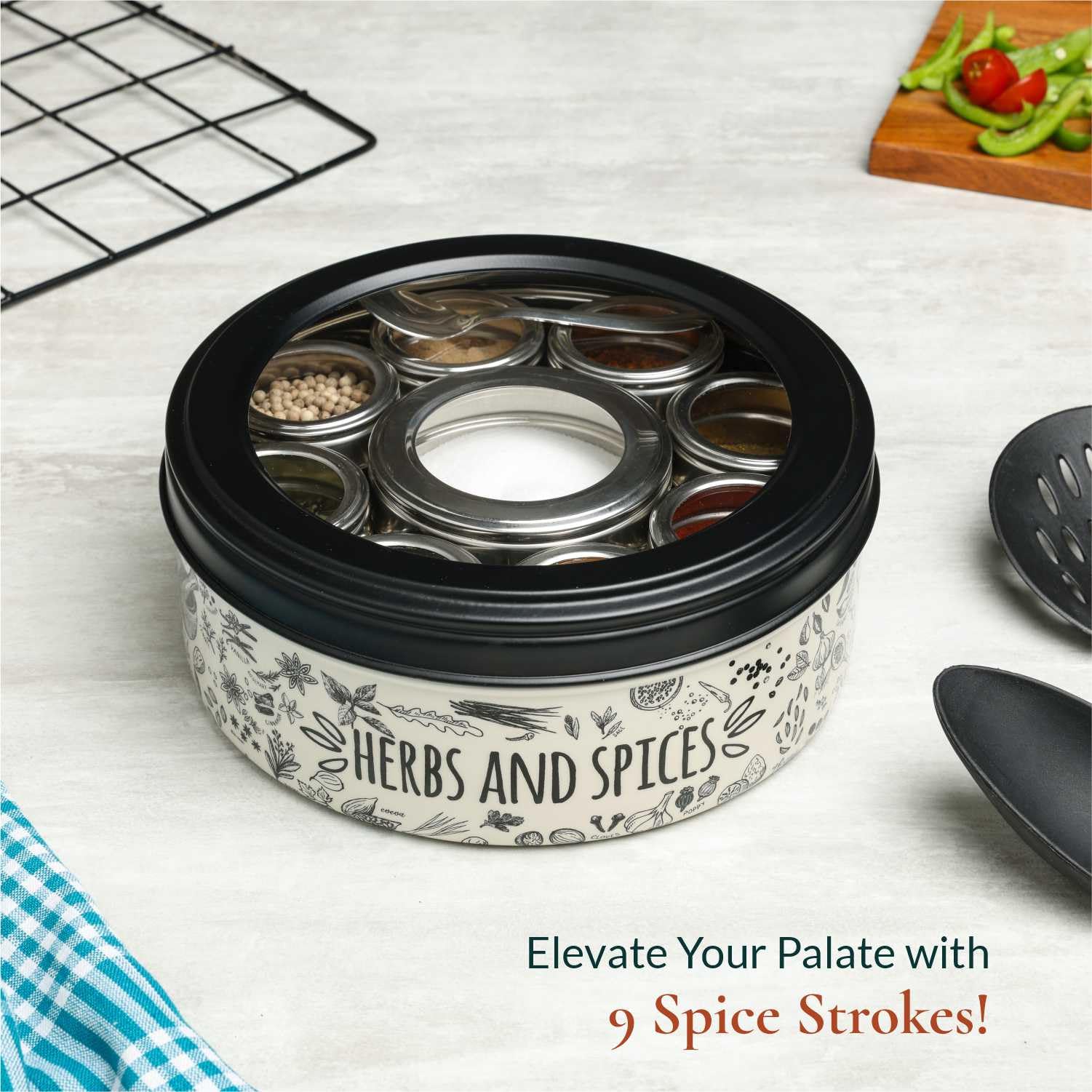 dudki 9 in 1 Herbs & Spice | Stainless Steel Handcrafted Spice Box With Meena Work | Masala Box for Kitchen Steel| See through l