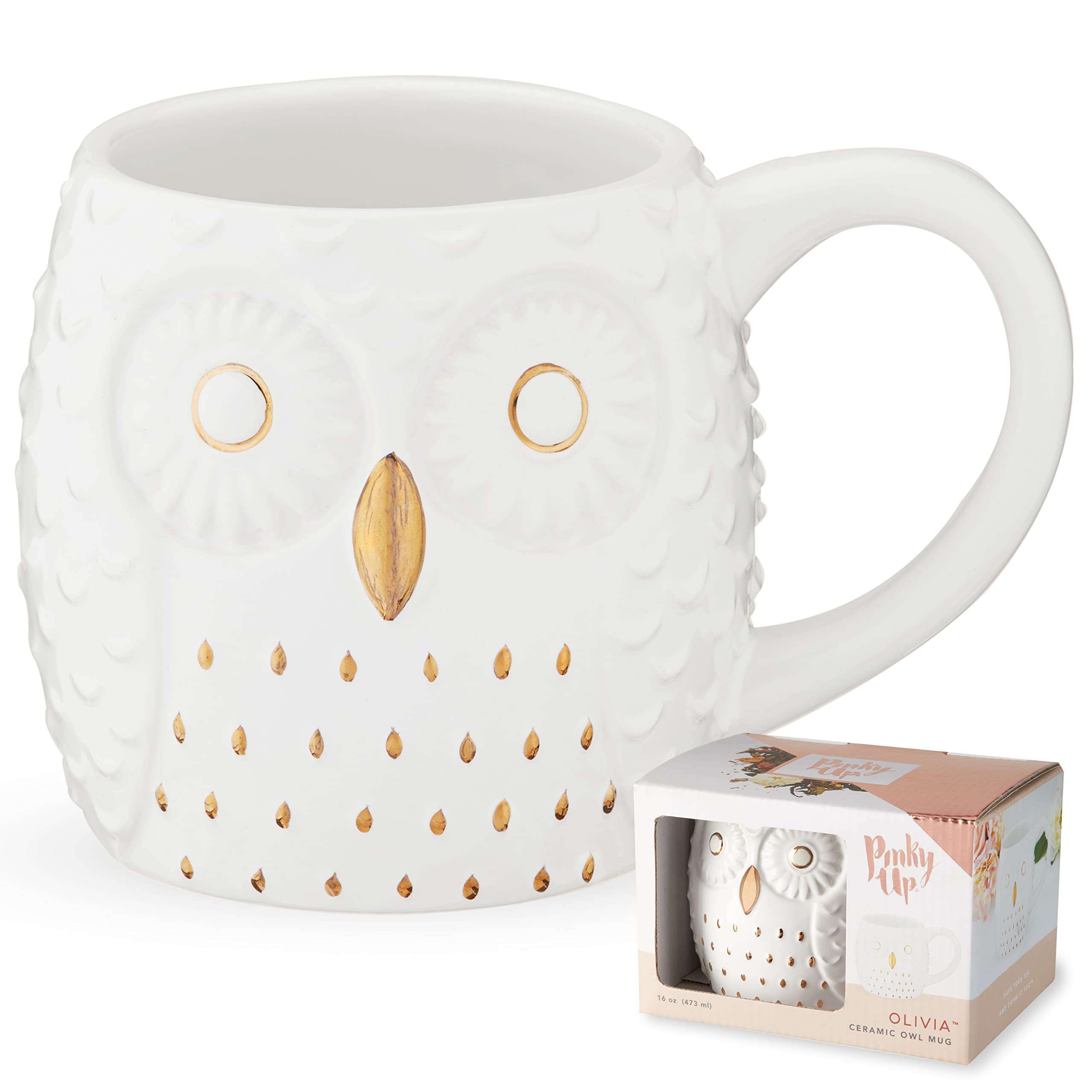 Pinky Up Olivia Owl Mug, Cute Mugs For Women, Tea Tumbler Cup, Tea Accessory Gifts, Owl Design, White And Gold, 16Oz