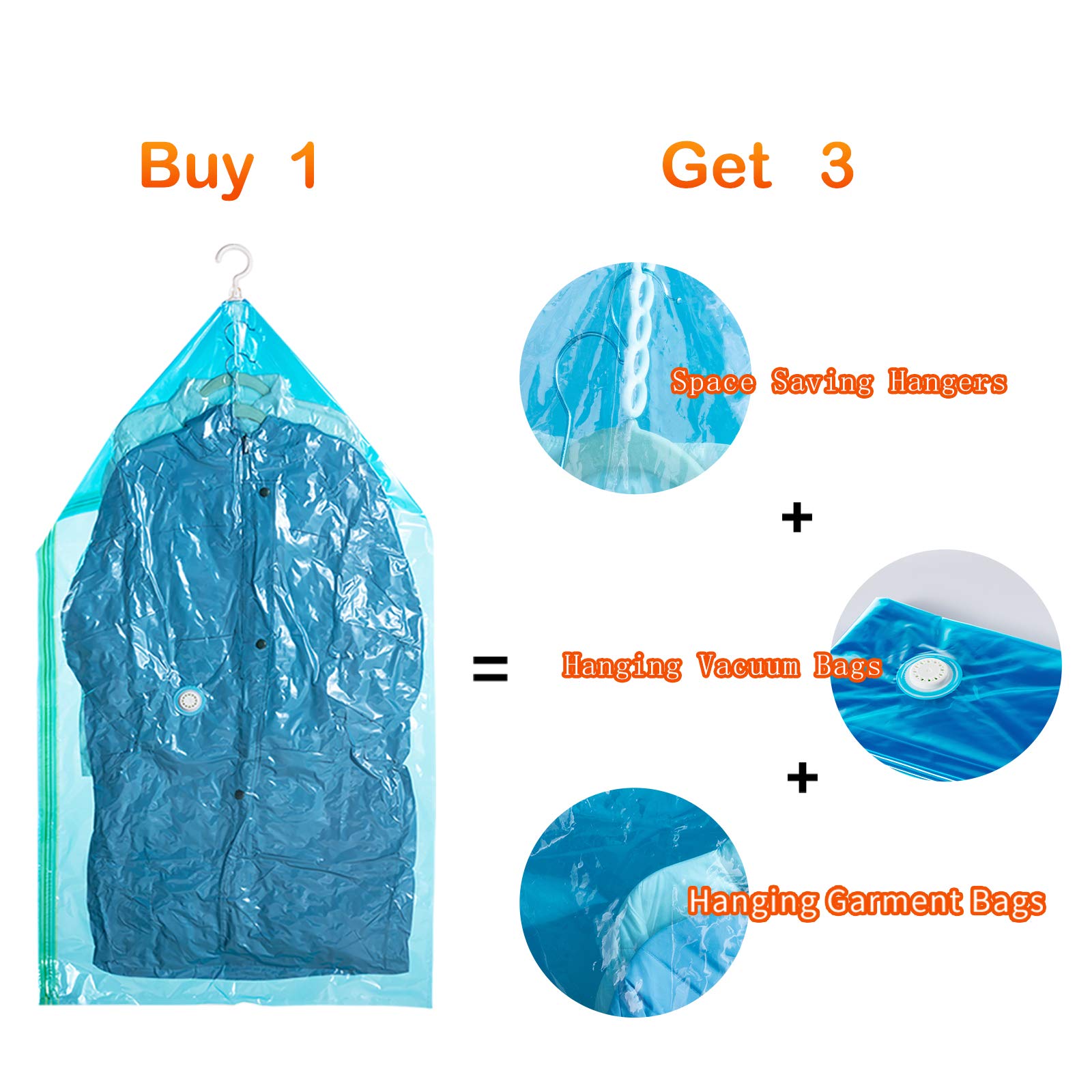 Taili Hanging Vacuum Storage Bags For Clothes, Space Saver Bags (2 Long, 2 Short), Blue Vacuum Sealer Bags 4 Pack, Closet Organi