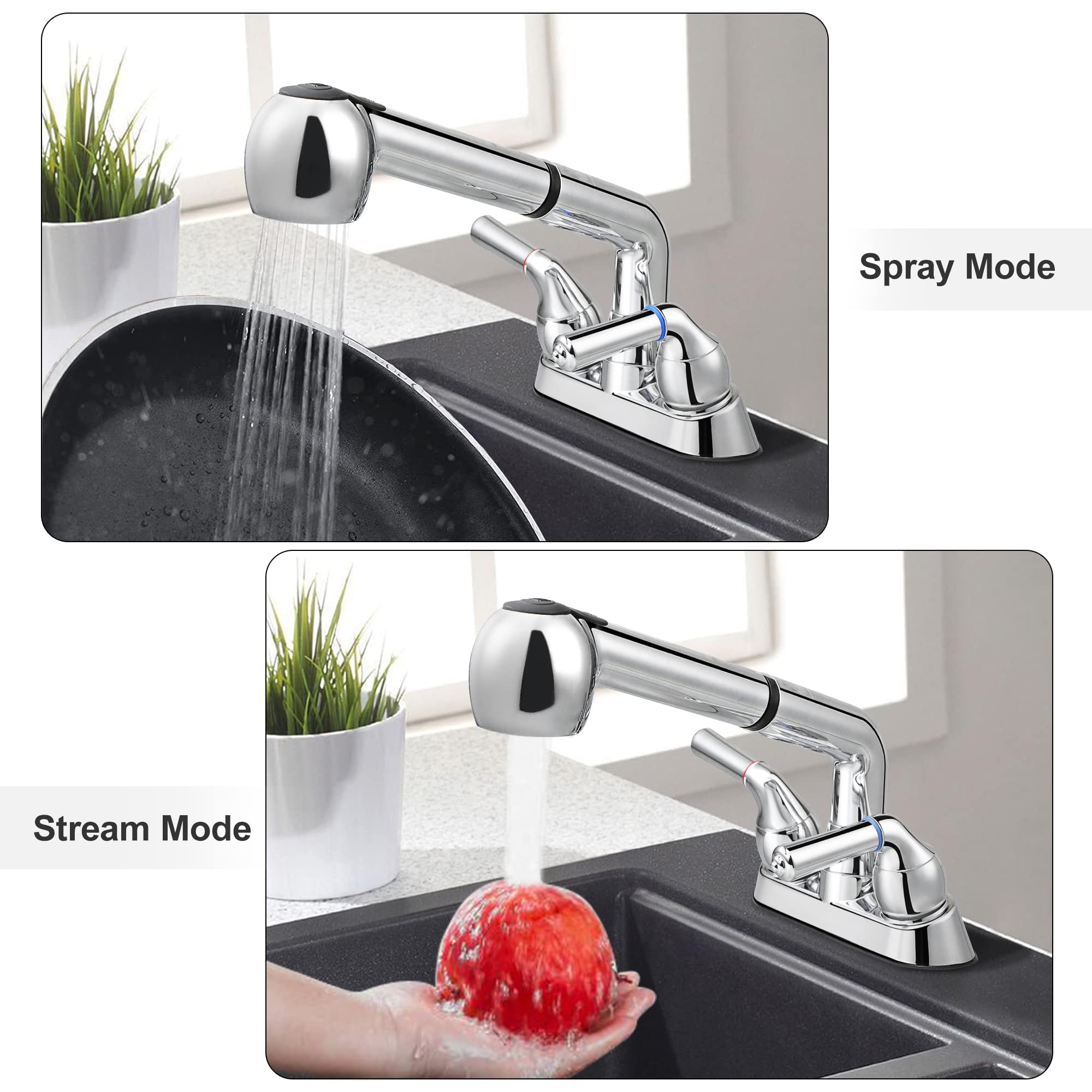 Utility Sink Faucet With Sprayer, Laundry Room Faucet With Pull Out Sprayer For Laundry Tub, 4 Inch Centerset 3 Holes Installati