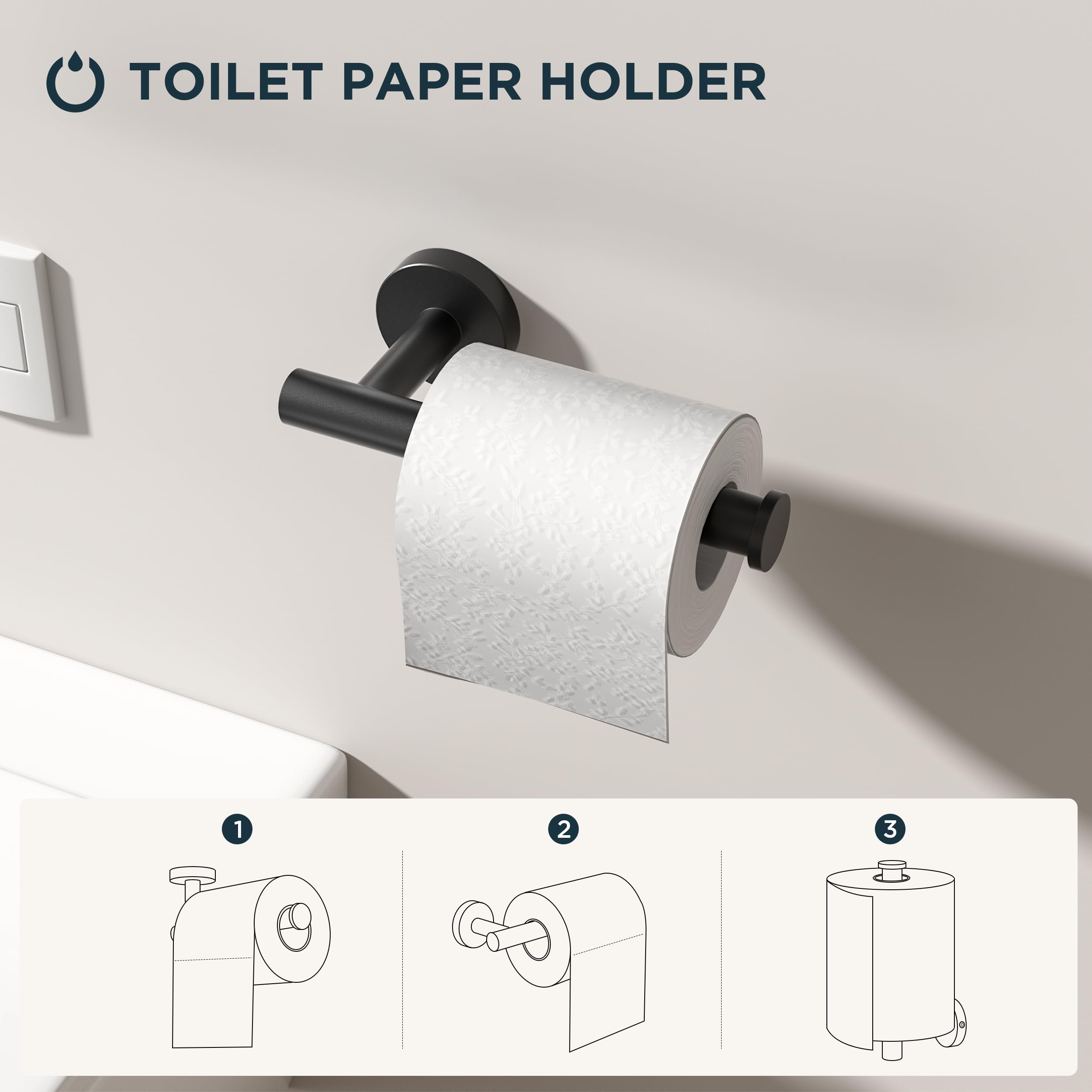 Forious 4 Piece Toilet Paper Holder Set Matte Black, Sus304 Stainless Steel Bathroom Towel Holder, Wall Mounted Bathroom Hardwar