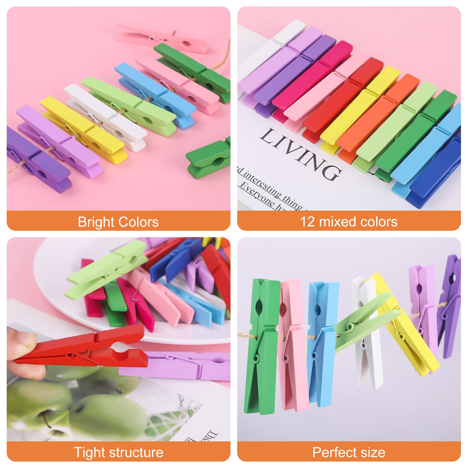 Colored Clothes Pins 12 Color 50Pcs, Colorful Clothespins Wooden Clips For Photos Pictures Decorative Crafts, Decoration Clothes