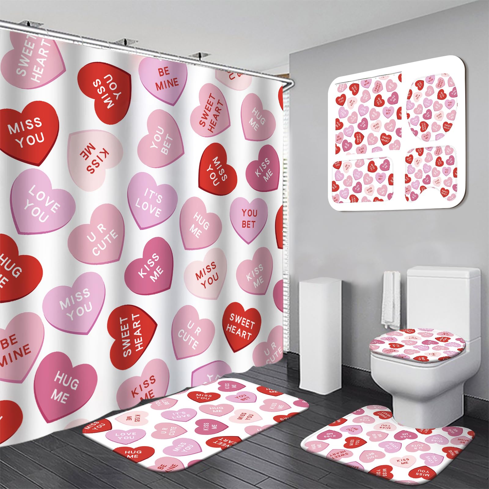Drydiet 4 Pcs Valentines Shower Curtain Set, Non Slip Rugs Toilet Lid Cover U Shape Bath Mat And 12 Hooks Conversation Heart Pin