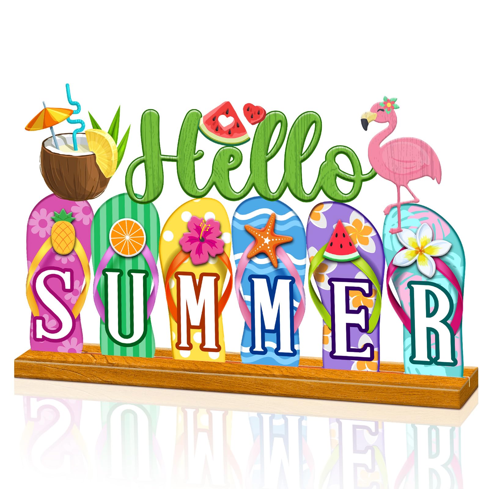 Cinnvoice Hello Summer Table Sign Flip Flops Decoration Farmhouse Summer Fruits Table Centerpiece Signs Letter Tiered Tray Decor