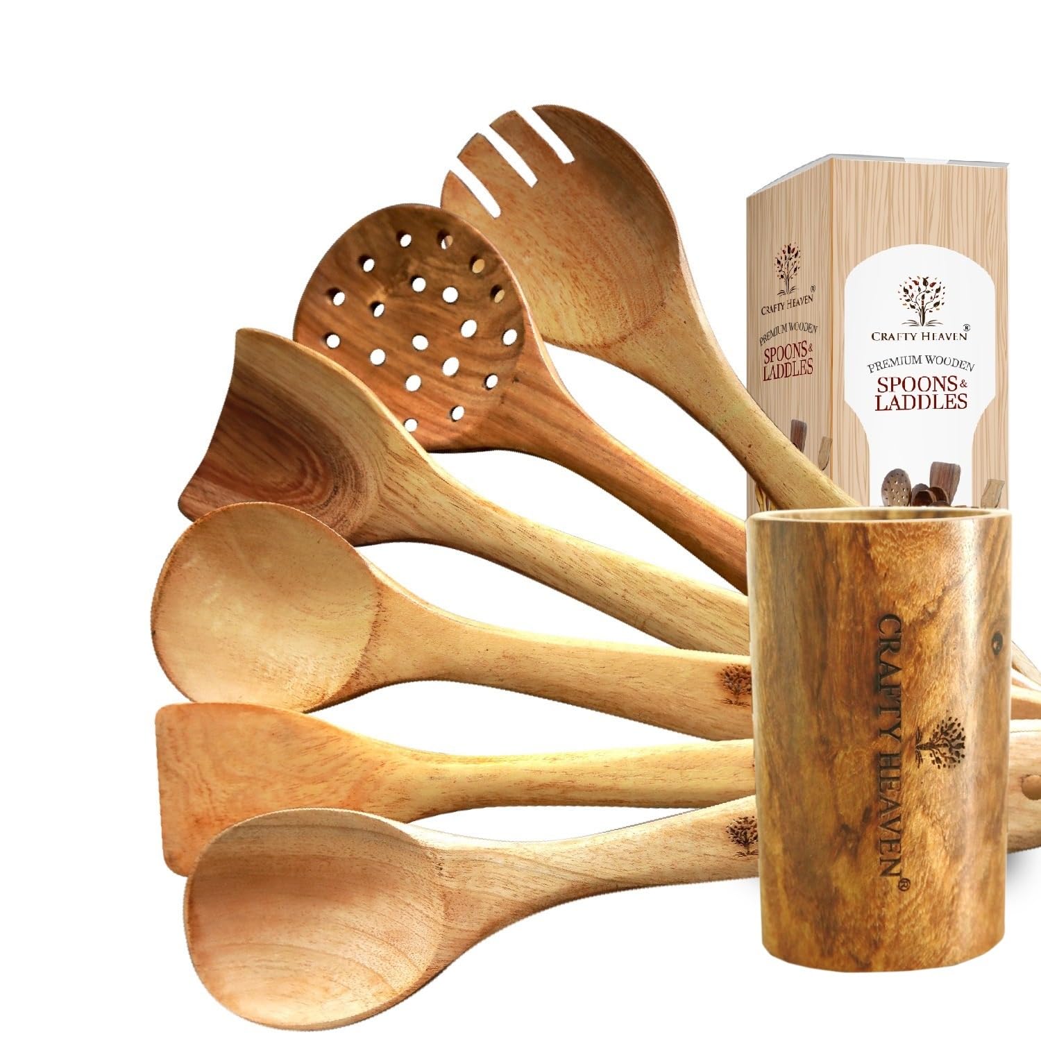 Crafty Heaven Neem Wood Cooking Spatula Including Holder | Wooden Spoon | Ladles | NonStick Safe | EcoFriendly | Durable | Hea