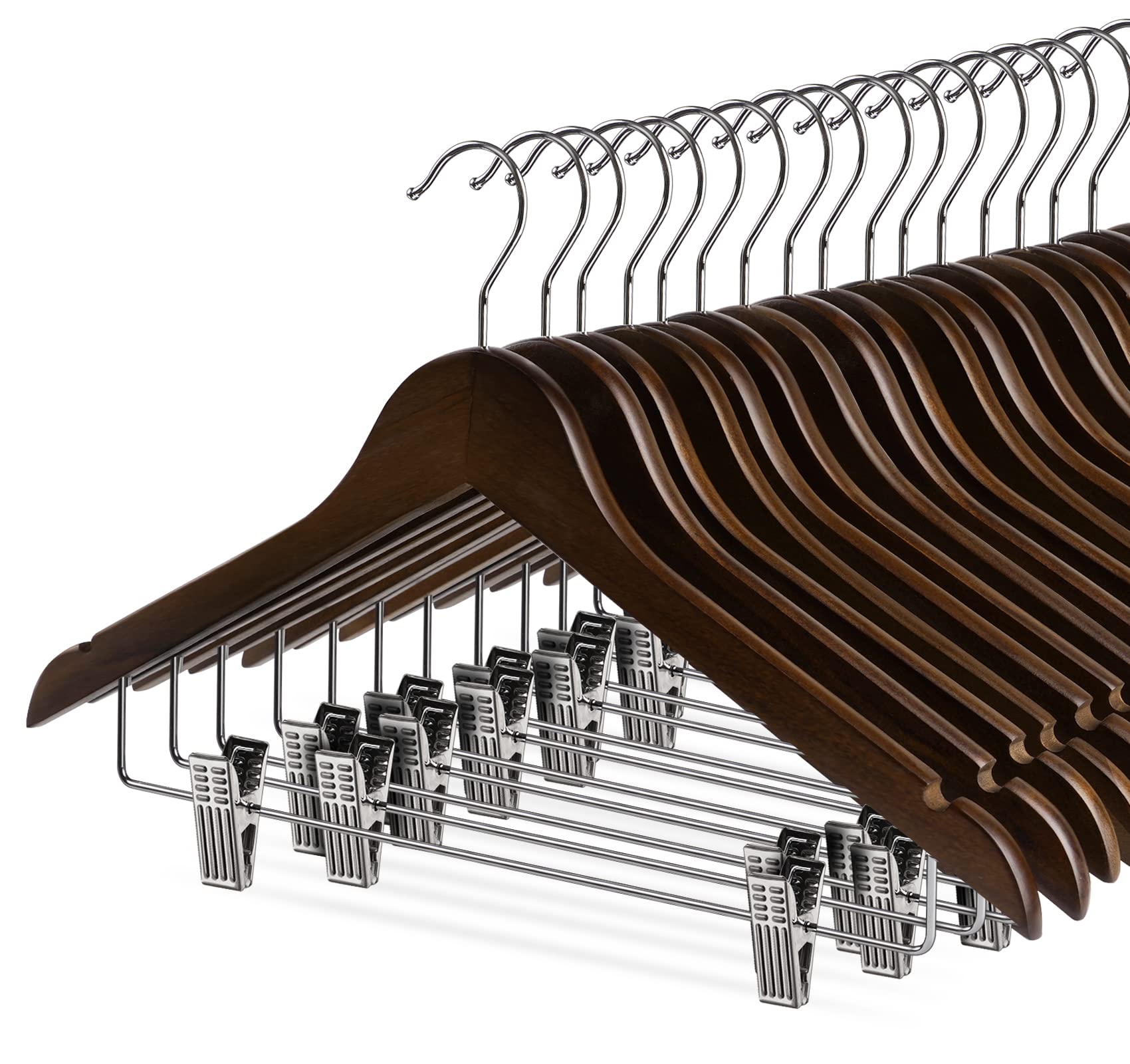 Wooden Clothes Hangers With Clips, 16Pack Wood Skirt Hangers With Clips, High-Grade Selected Walnut Wood Hangers With Sturdy Met