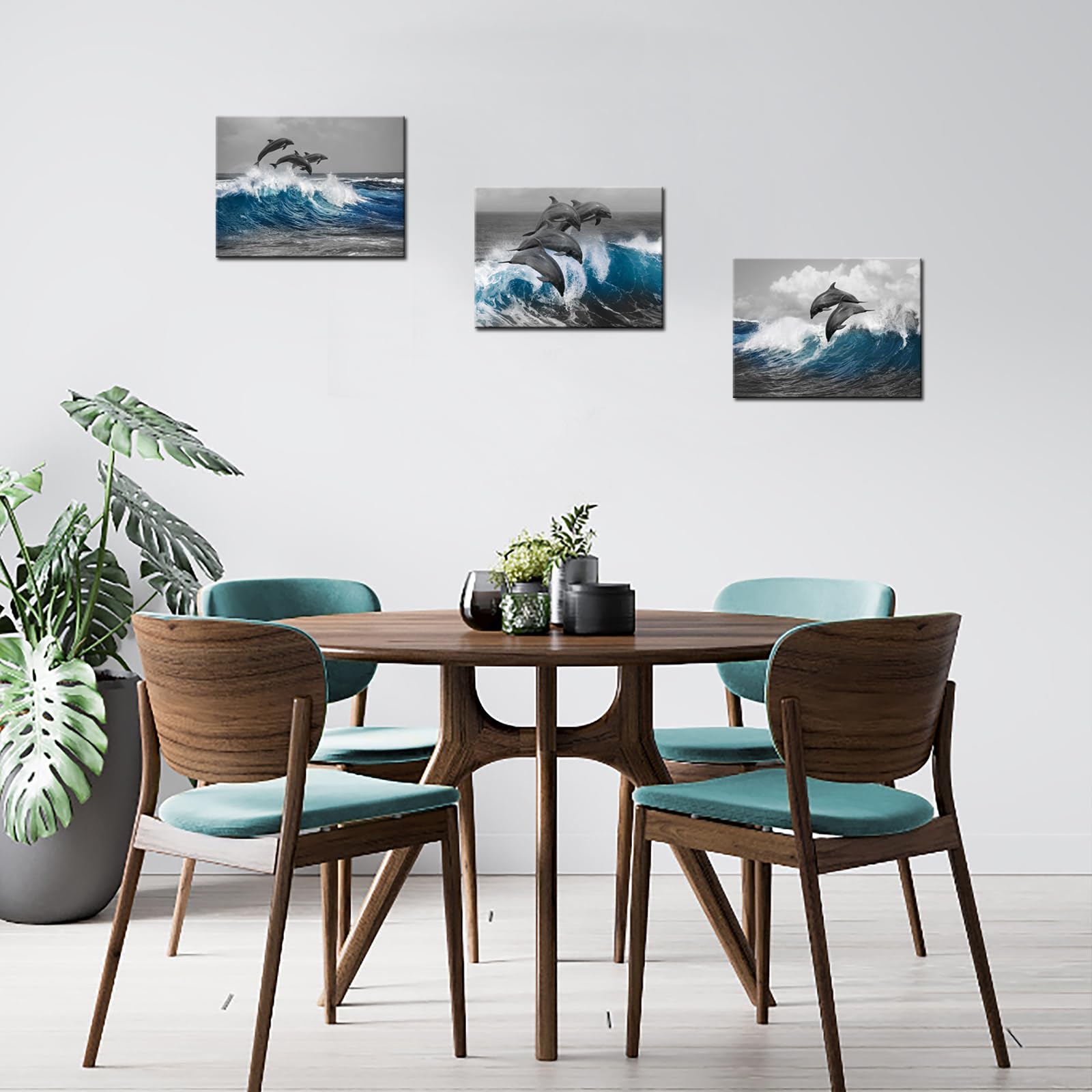 Biuteawal 3 Piece Dolphin Wall Art Grey Blue Ocean Sea Animal Picture Bathroom Decor Marine Painting Prints on Canvas Framed Home Child Bedroom Bathroom Wall Decoration Ready to Hang