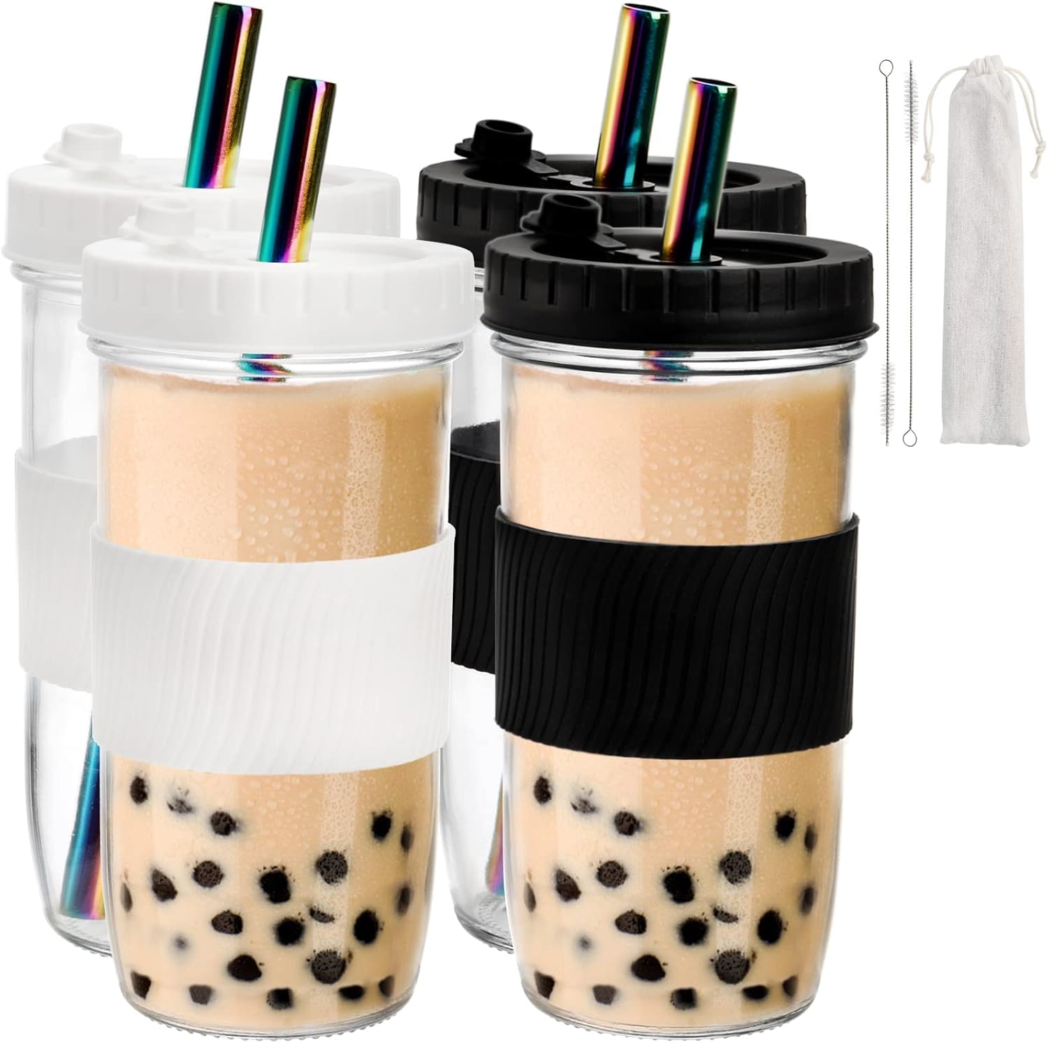 Youeon 4 Pack 24 Oz Reusable Boba Cups with Lids and Straw, Iced Coffee & Smoothie Cups, Bubble Tea & Mason Jar Style with Silic