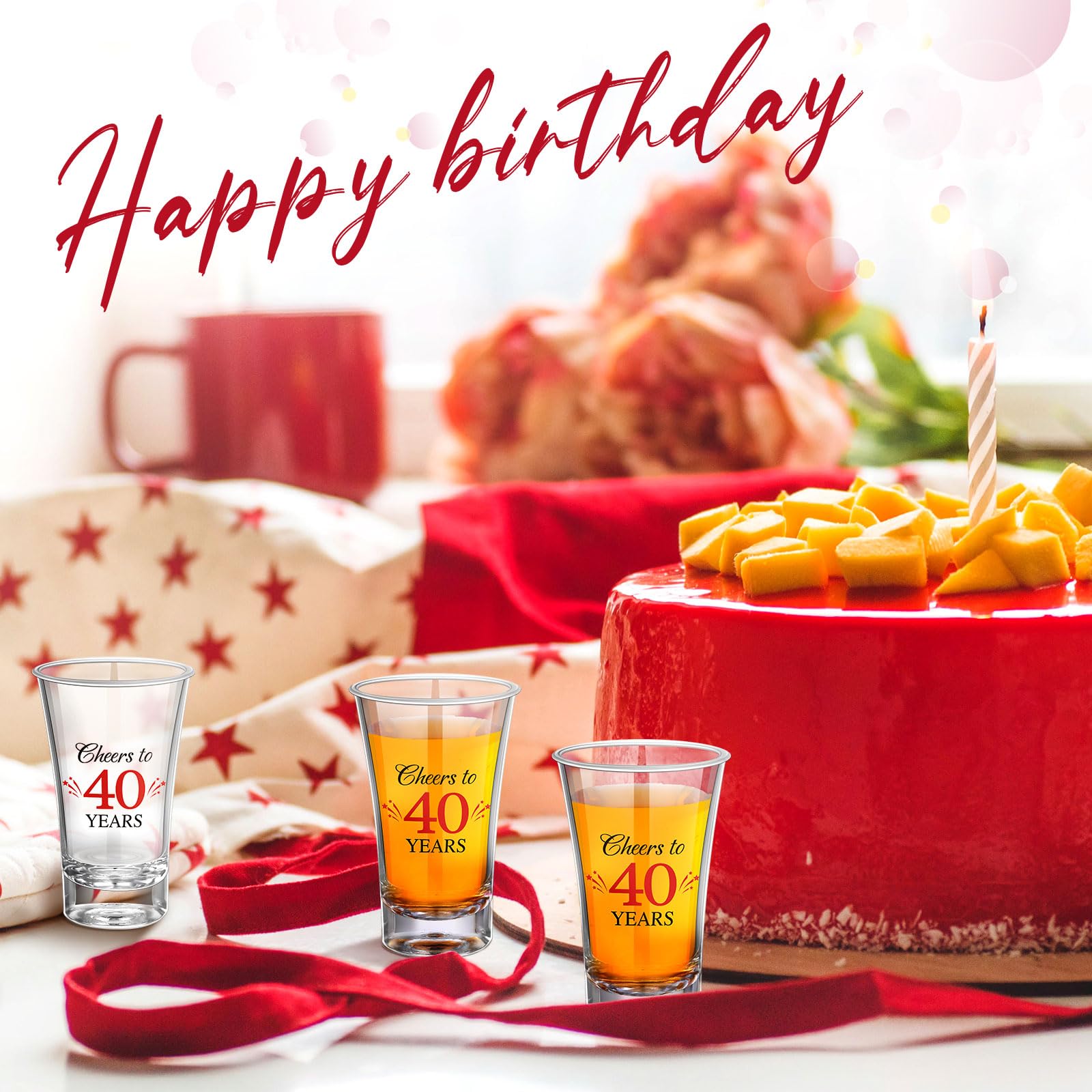 Pickmesh 50 Sets Black Red Birthday Party Favors for Guests Souvenir 40 Years Old Gift Acrylic Clear Shot Glasses with Thank You