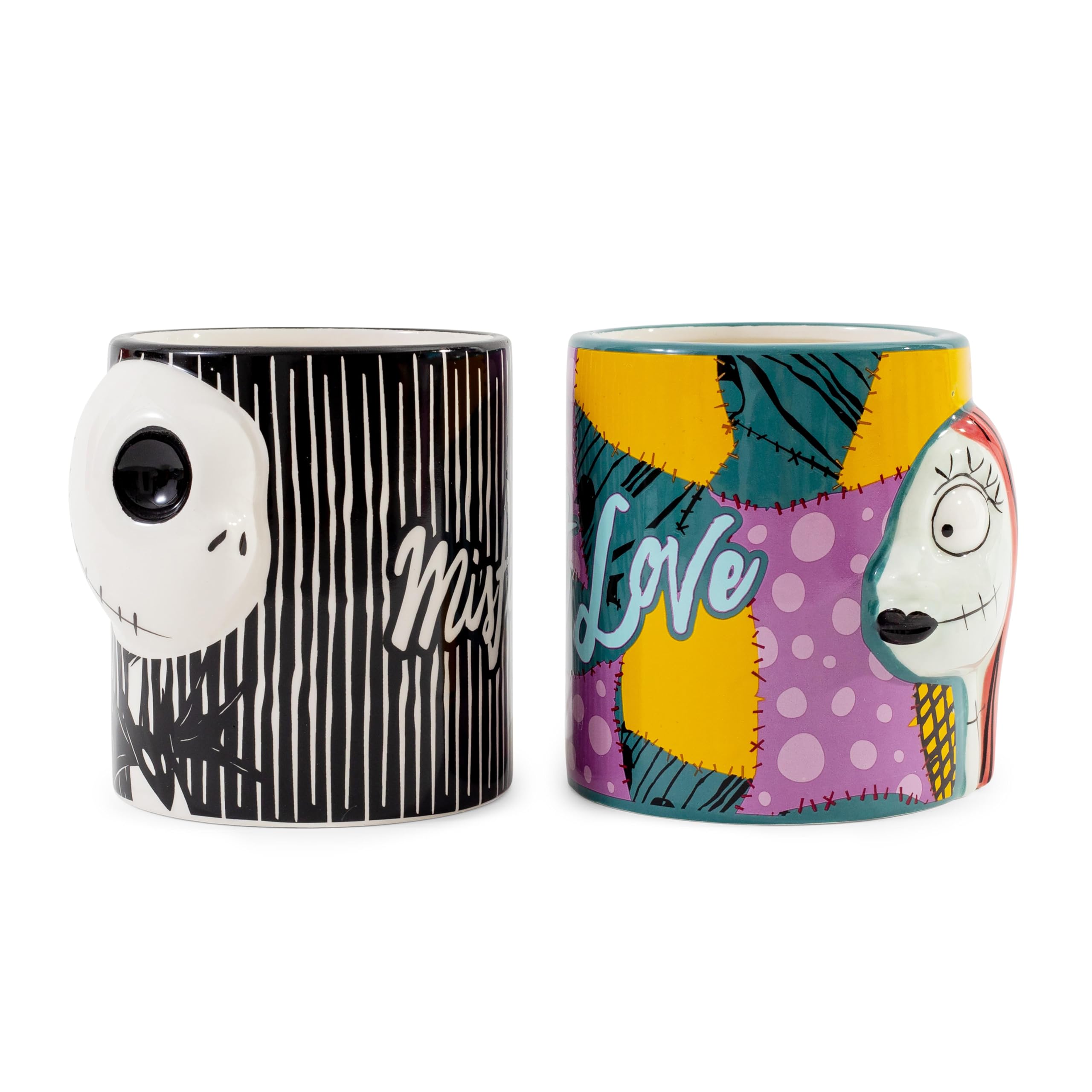 Silver Buffalo Disney Nightmare Before Christmas Jack And Sally Kiss 2 Pack Ceramic 3D Sculpted Mug Couple Set, 20 Ounces