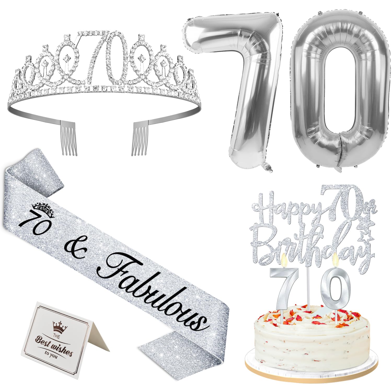 70th Birthday Decorations for Women Silver with 70th Birthday Sash and Crown, Cake Topper and Candles, Silver Number Balloons, 7