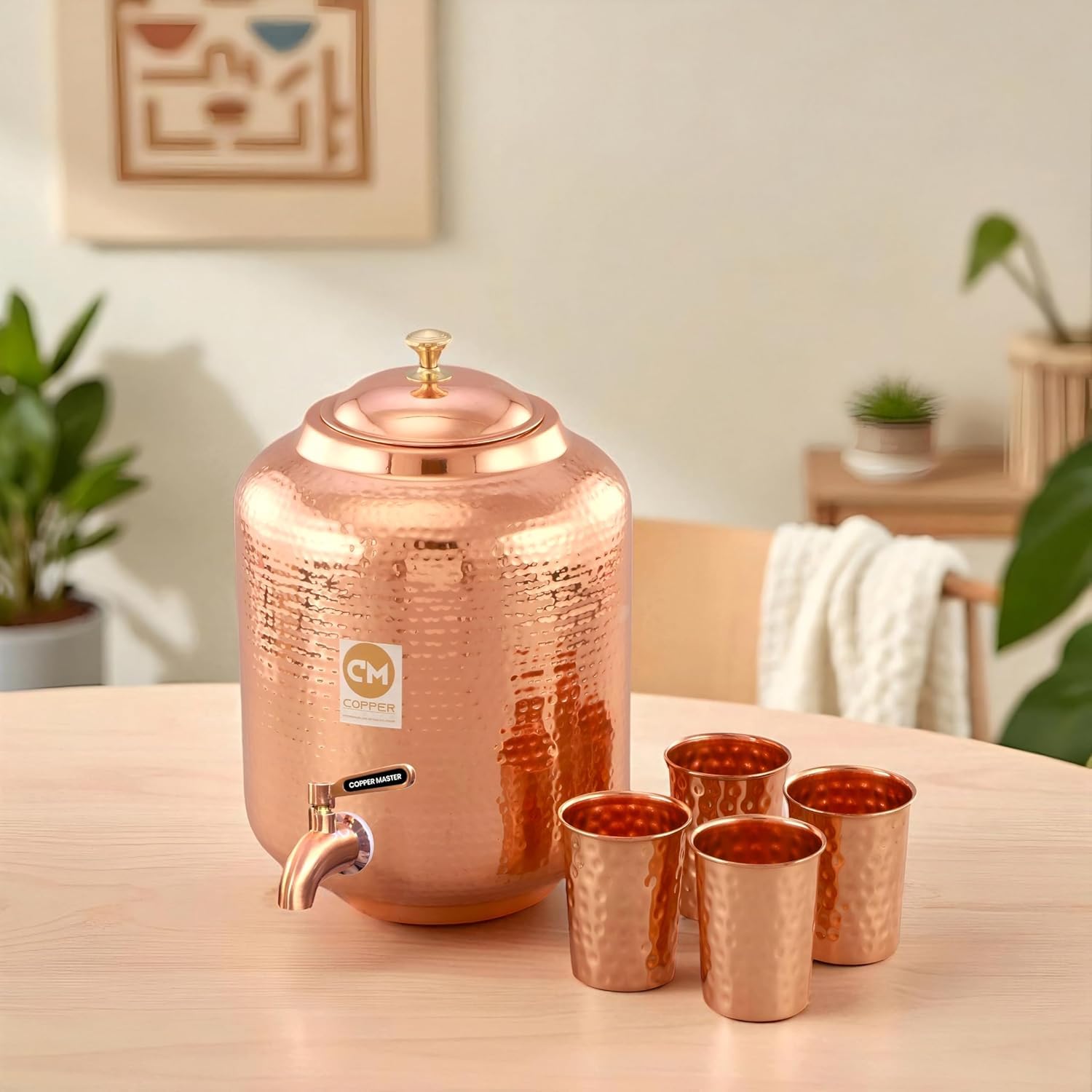 Copper-Master 18 Litre Hammered Copper Water Dispenser (Matka) Container Pot With 4 Copper Glasses Pure Copper And Ayurvedic Hea