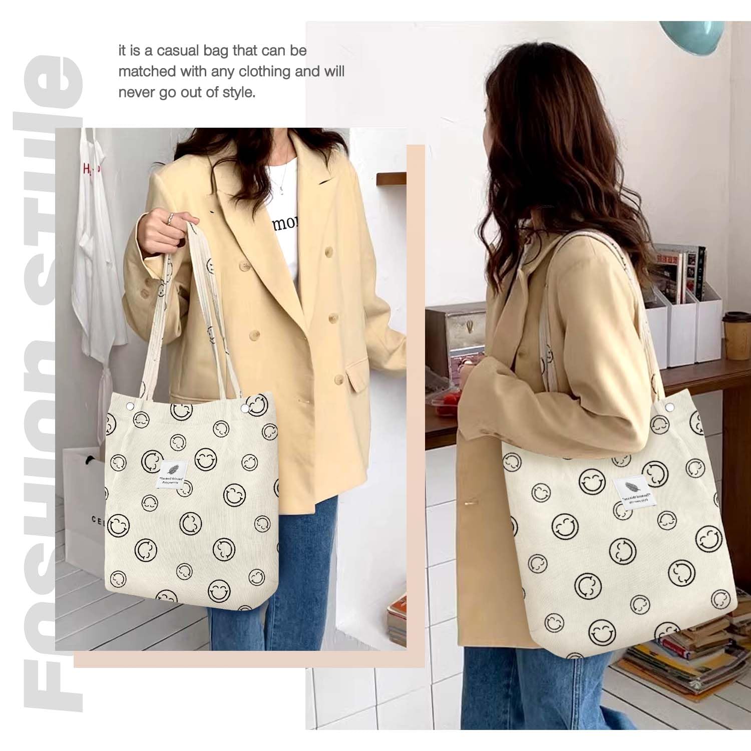 Lhmtqvk Corduroy Tote Bags For Women, Large Capacity Corduroy Bag Reusable Grocery Shoulder Bag With Inner Pockets(Smile)