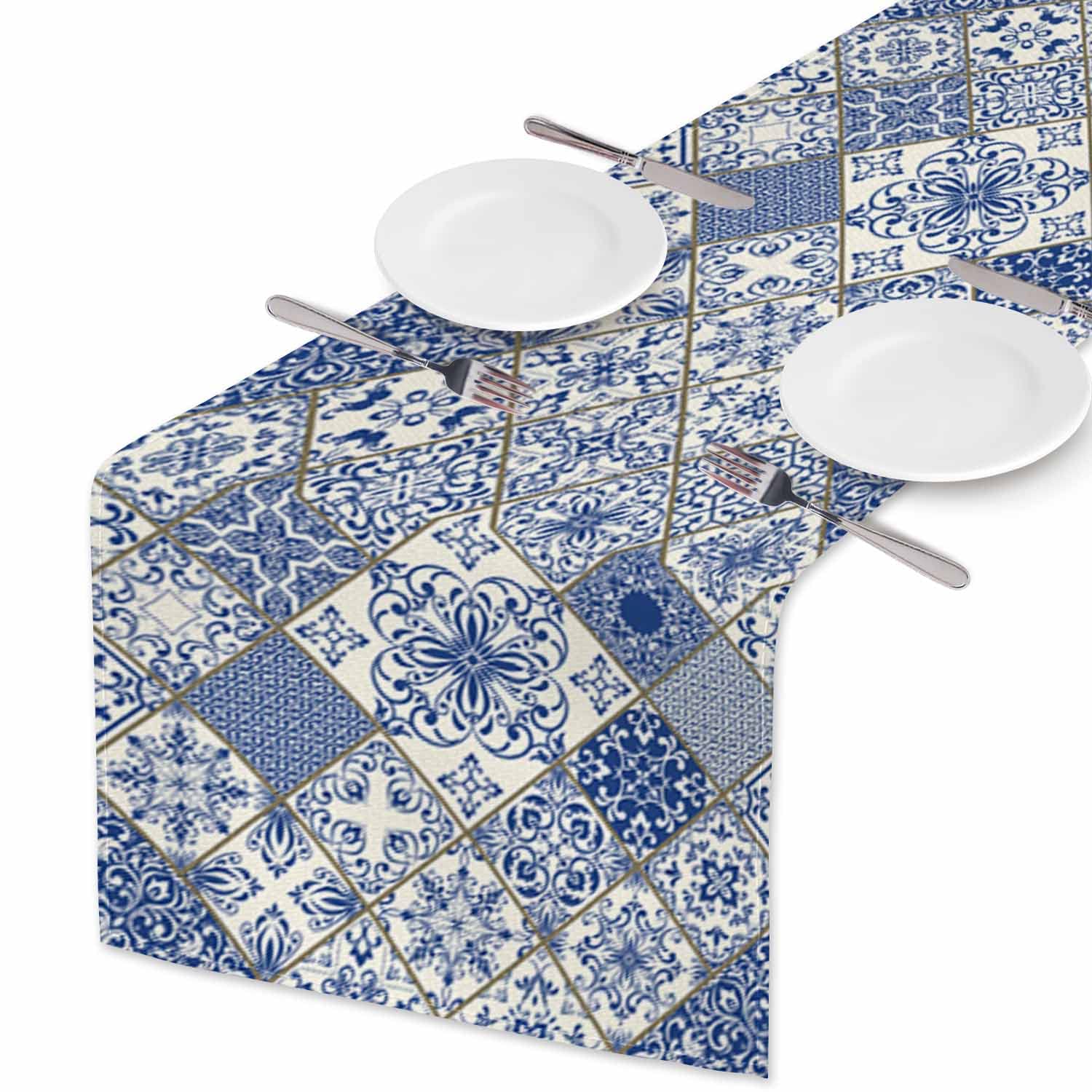 Hosnye Table Runner Blue White Patchwork Tile In Spanish Style,Cotton Linen Table Runner Decoration For Kitchen Family Dinner Ta