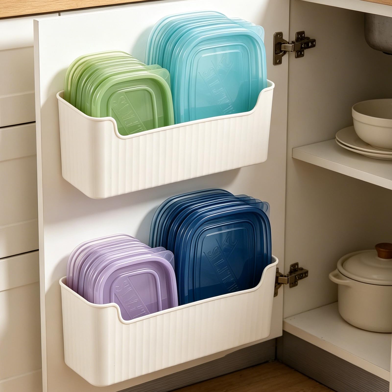 Rainmae 2 Pack Kitchen Cabinet Door Organizer, Lid Organizer Inside Cabinet Wall Mounted Plastic Storage Box Under Sink Door Org