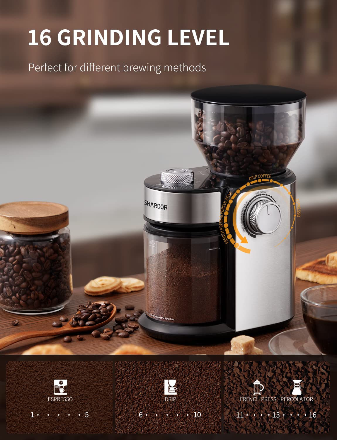 SHARDOR Electric Burr Coffee Grinder, 16 Grind Settings, 11.14x8.58x6.46 inches, Silver, Model CG835S