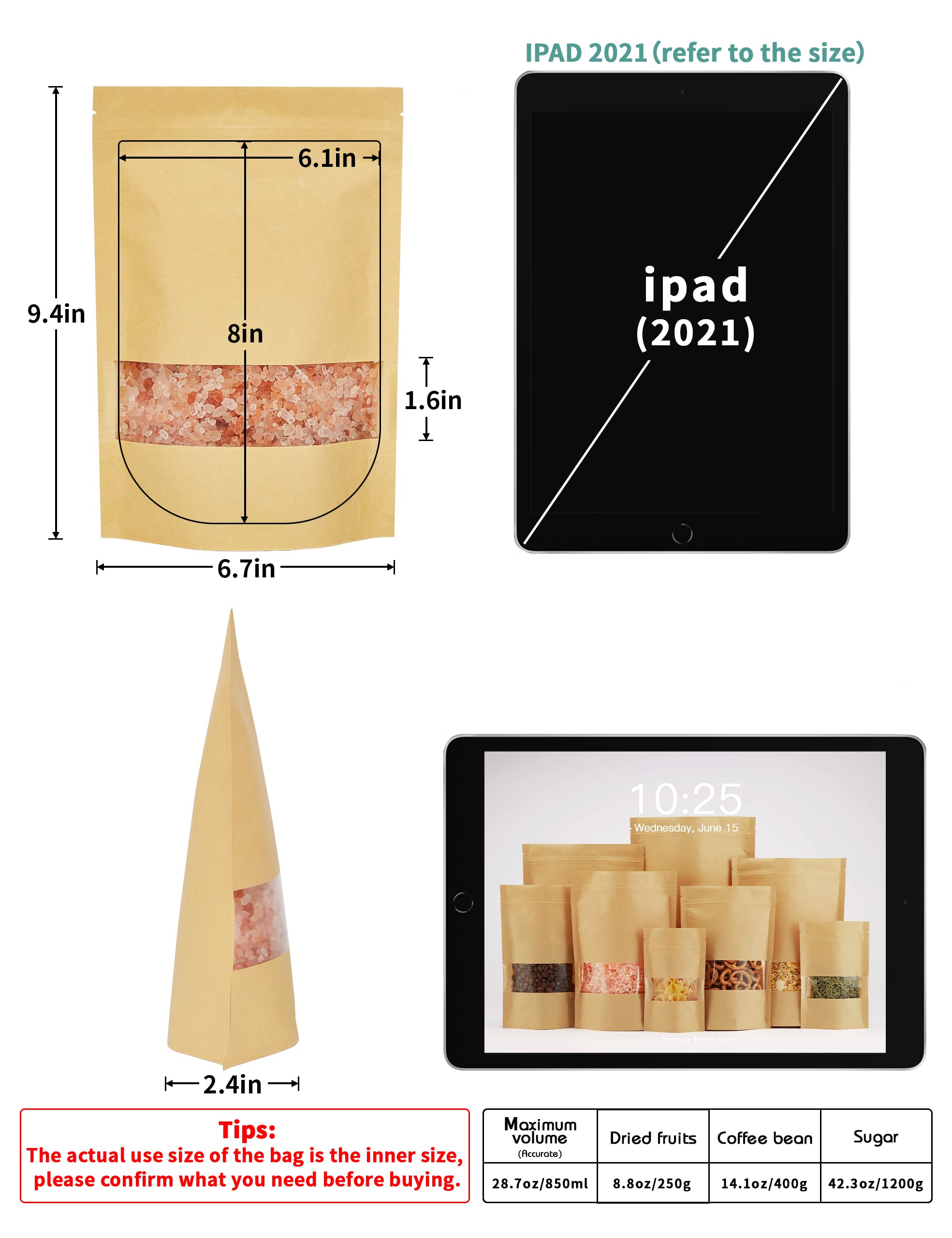 FireKylin 100 Pcs Kraft Paper Bags with Window  6.7'' x 9.4'' Stand Up Pouches Bags  Zip Lock Food Storage Bags for Packaging Products  Reusable  Sealable