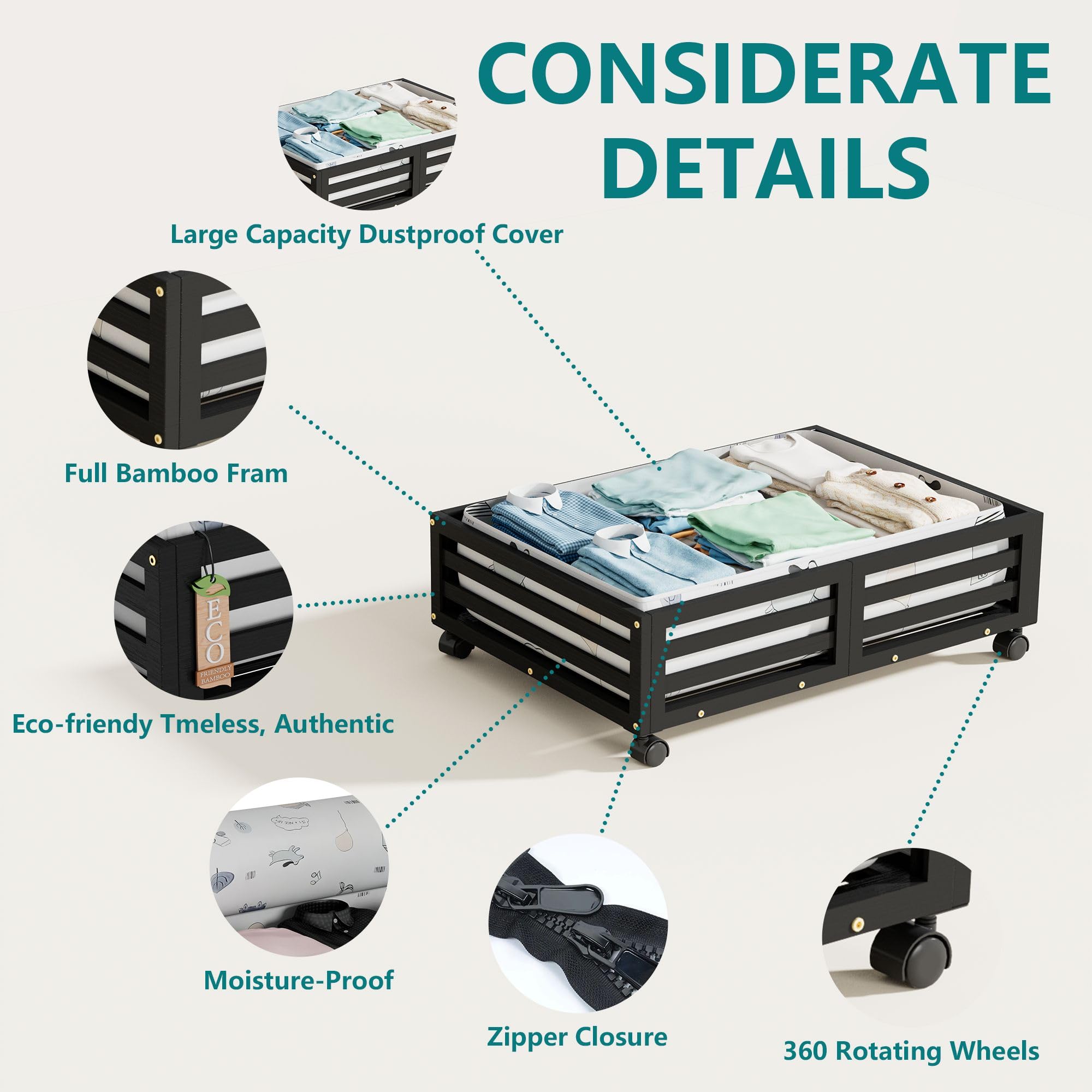 Bamboo Under Bed Storage Containers- Underbed Organizer with Wheels with Large Capacity Dust Bag,Sturdy Wood Rolling Under Bed S