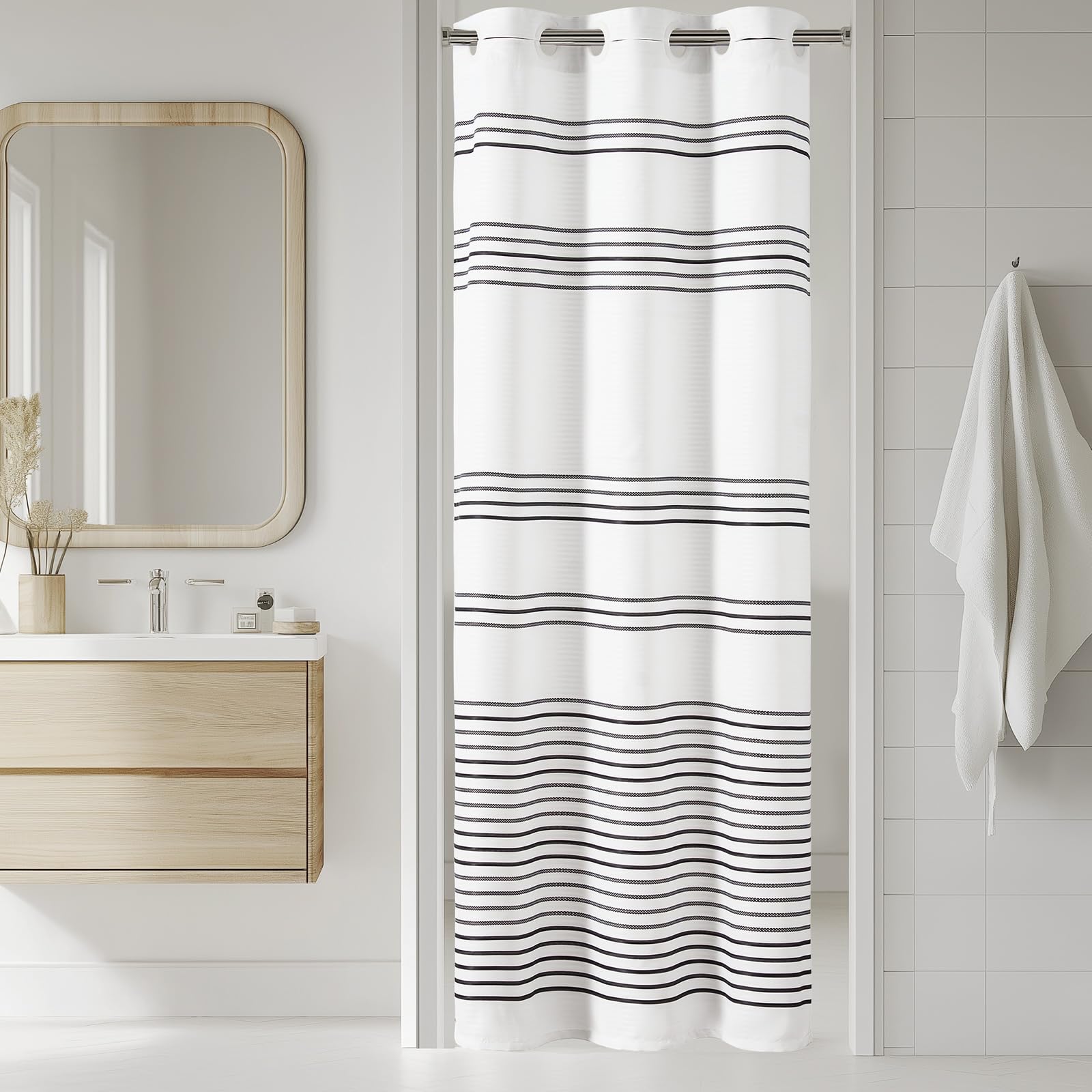 jinchan Hookless Shower Curtain Black and White Striped Waterproof Fabric Shower Curtains for Bathroom Dorm Hotel Spa No Hook Mo