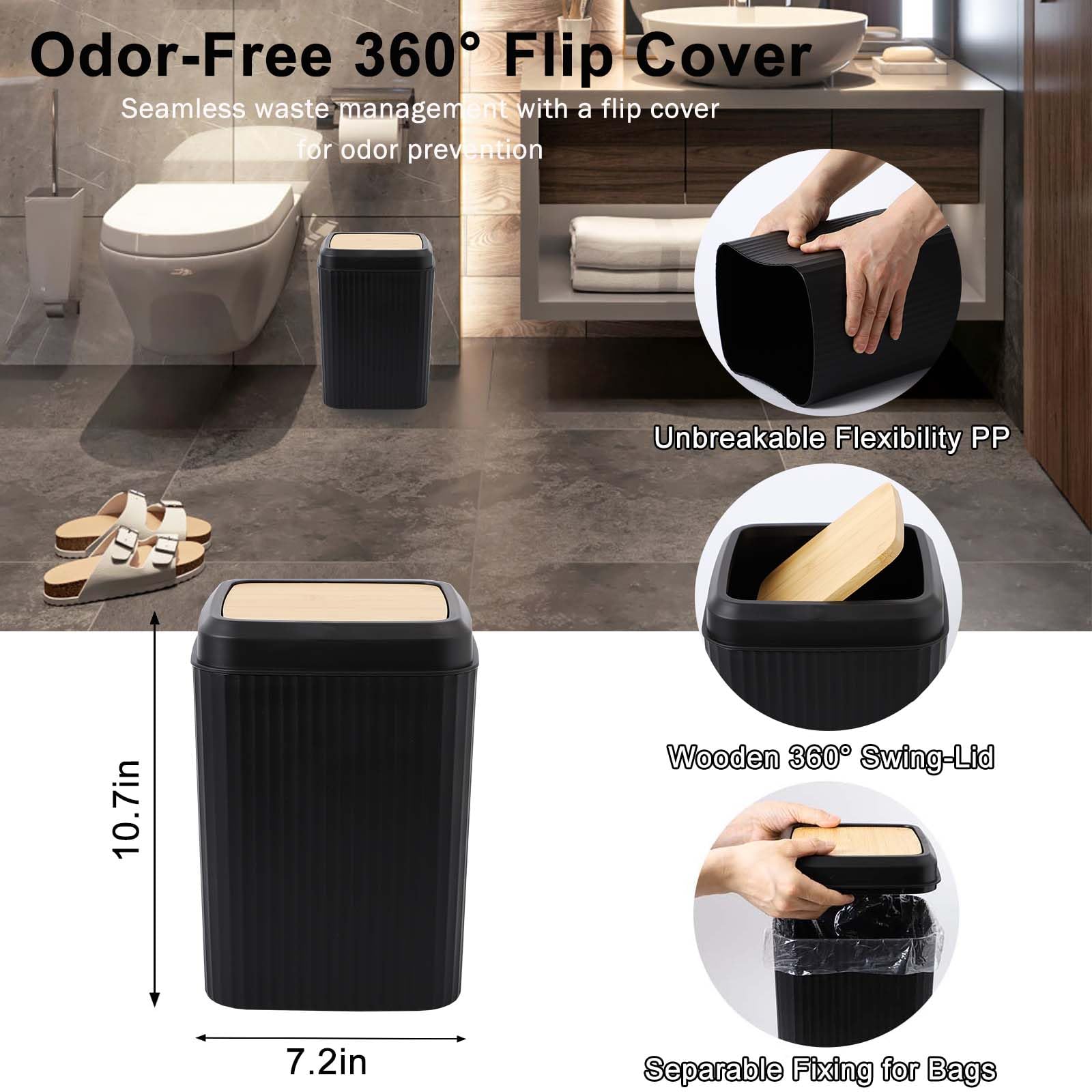 Black Bathroom Accessories Set 10Pcs Complete, Bamboo Lid Trash Can, Soap Dispenser, Soap Dish, Toilet Brush, Toothbrush Holder,