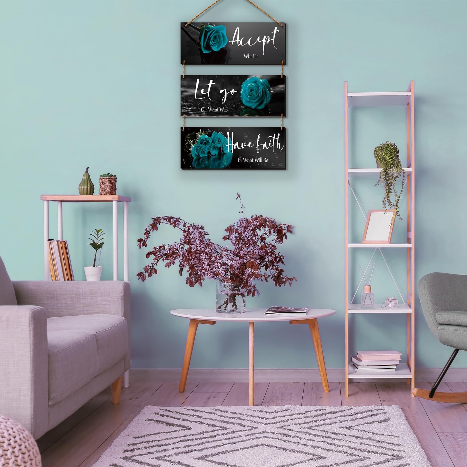3 Pcs Wooden Teal Flower Wall Art - Teal Rose Wall Decor With Inspirational Quotes - For Women, Office, Living Room, Bedroom (10