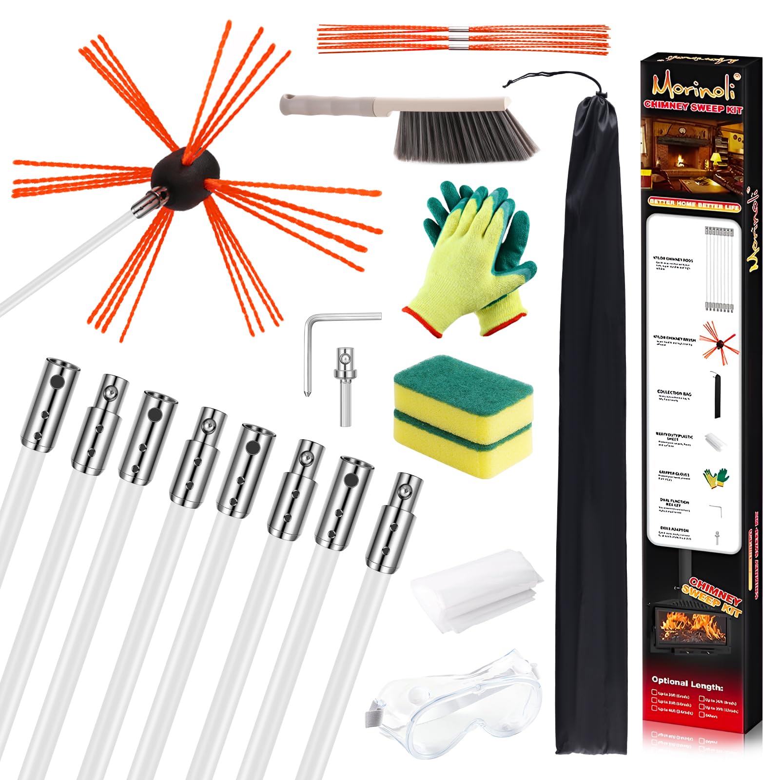 Morinoli 26 Feet Chimney Sweep Kit, Chrome Button Locking System, Chimney Cleaning Kit, Chimney Brush, Chimney Cleaning Tool, Ch