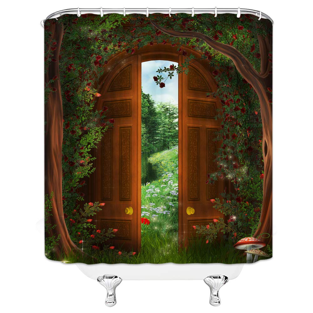 Jingjiji Green Forest Fantasy Shower Curtain Garden Wooden Door Garden Tree House Fairy Tale World Natural Scenery Bathroom Poly